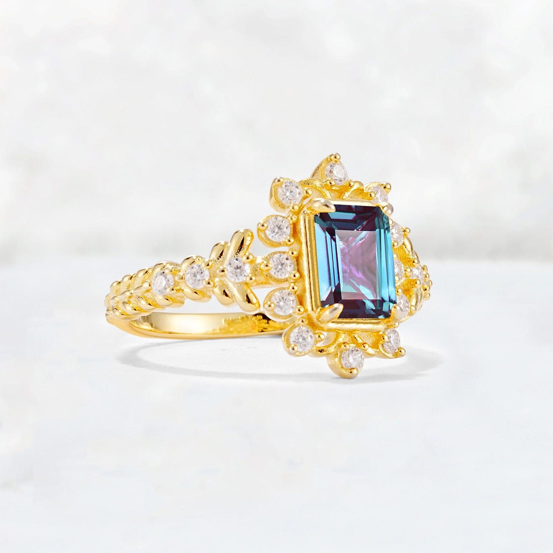 Emerald Cut Alexandrite Floral Halo Leaf Vine Engagement Ring - Additional view