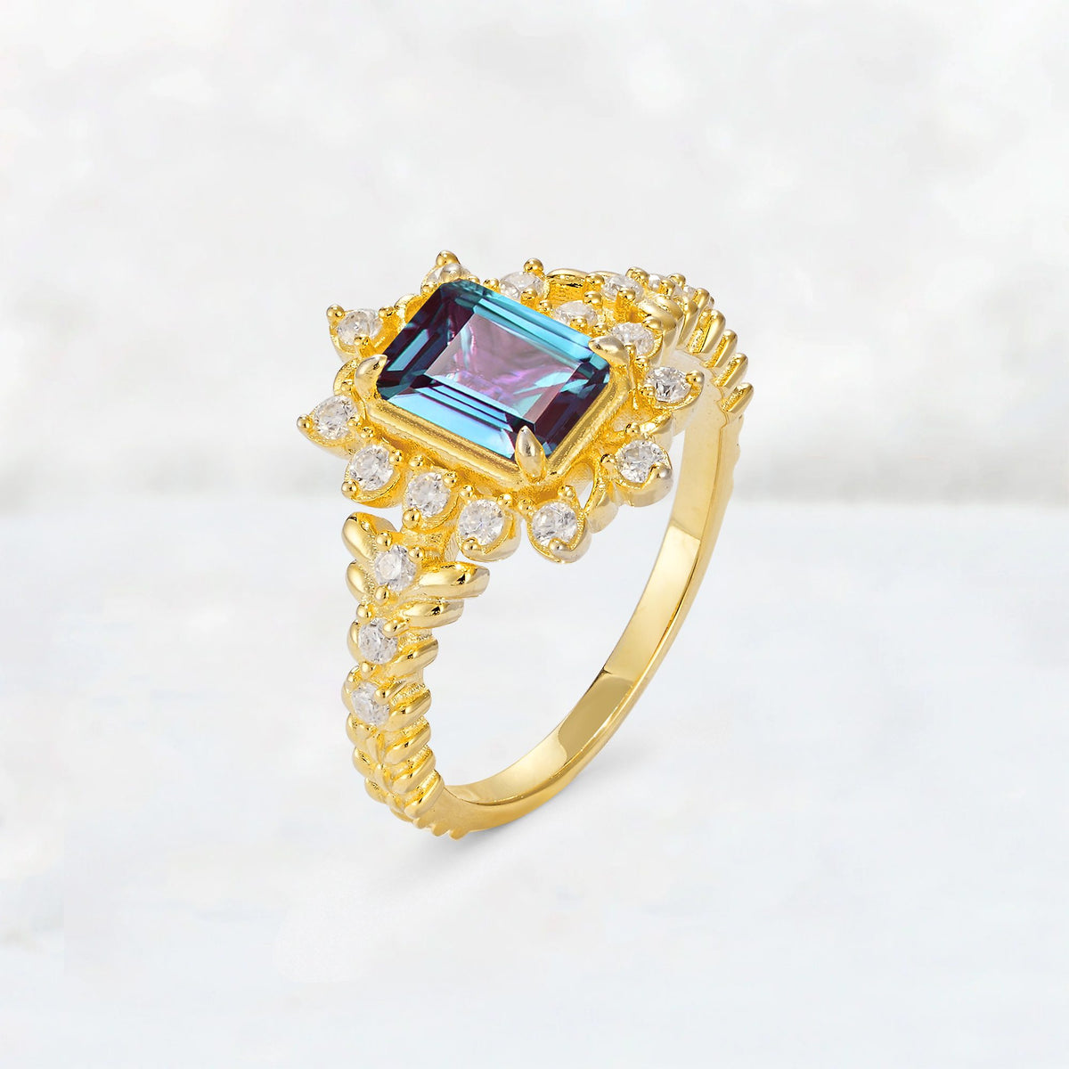 Emerald Cut Alexandrite Floral Halo Leaf Vine Engagement Ring - Additional view
