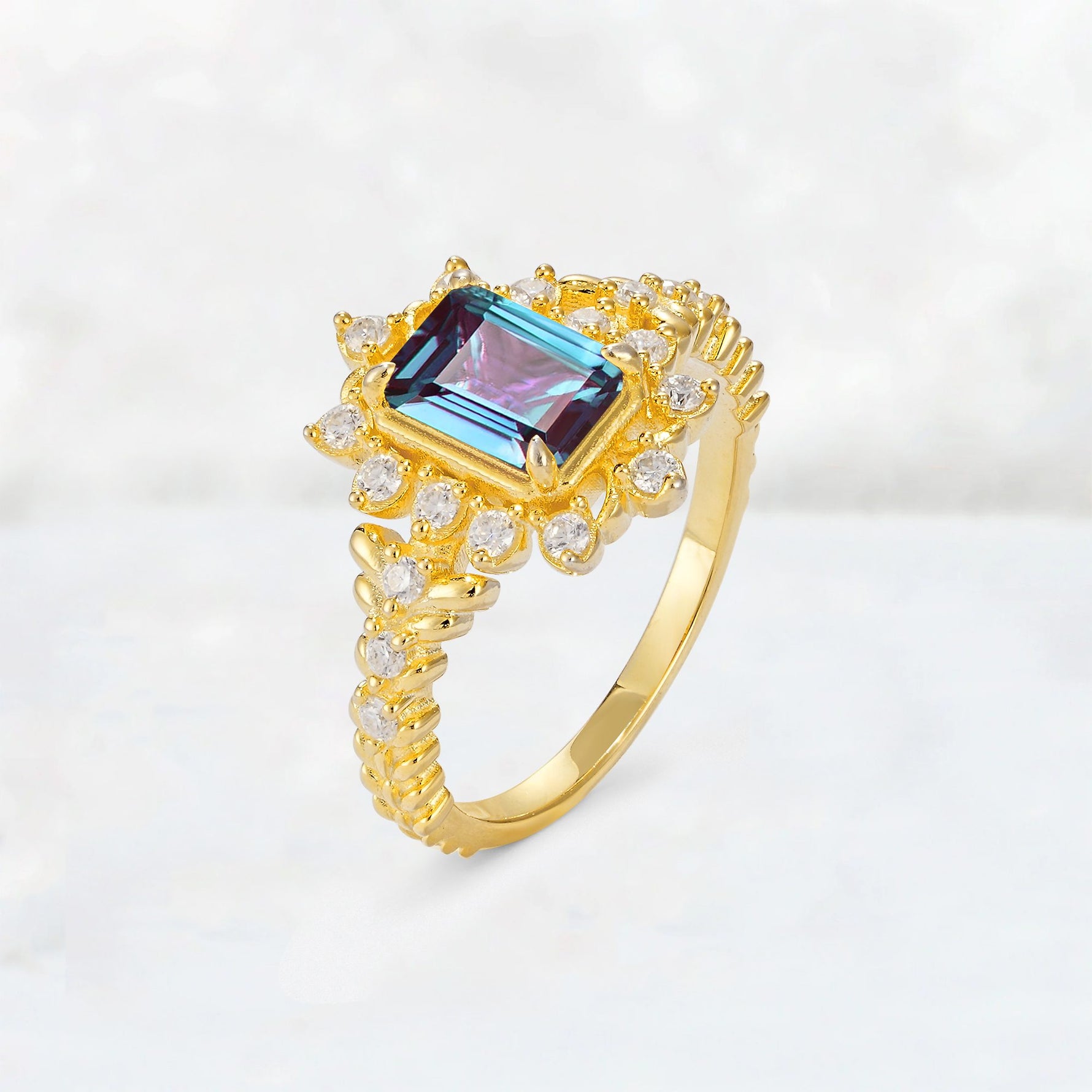 Emerald Cut Alexandrite Floral Halo Leaf Vine Engagement Ring - Additional view