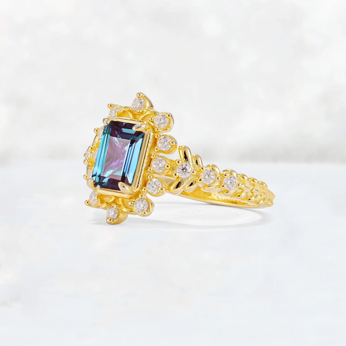 Emerald Cut Alexandrite Floral Halo Leaf Vine Engagement Ring - Additional view