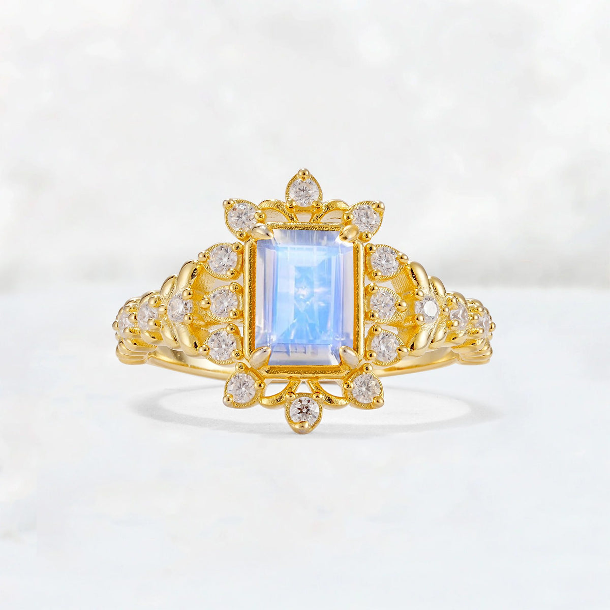 Emerald Cut Moonstone Floral Halo Leaf Vine Engagement Ring - Additional view