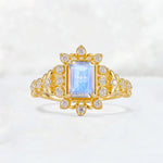 Emerald Cut Moonstone Floral Halo Leaf Vine Engagement Ring - Additional view