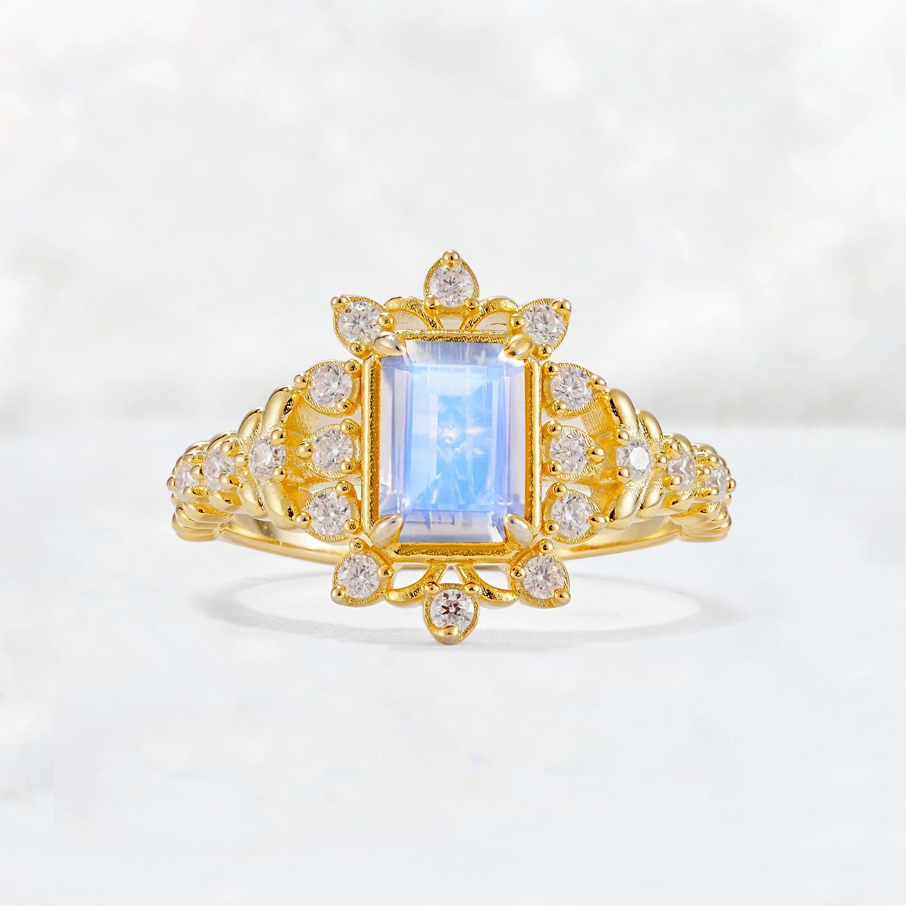 Emerald Cut Moonstone Floral Halo Leaf Vine Engagement Ring - Additional view
