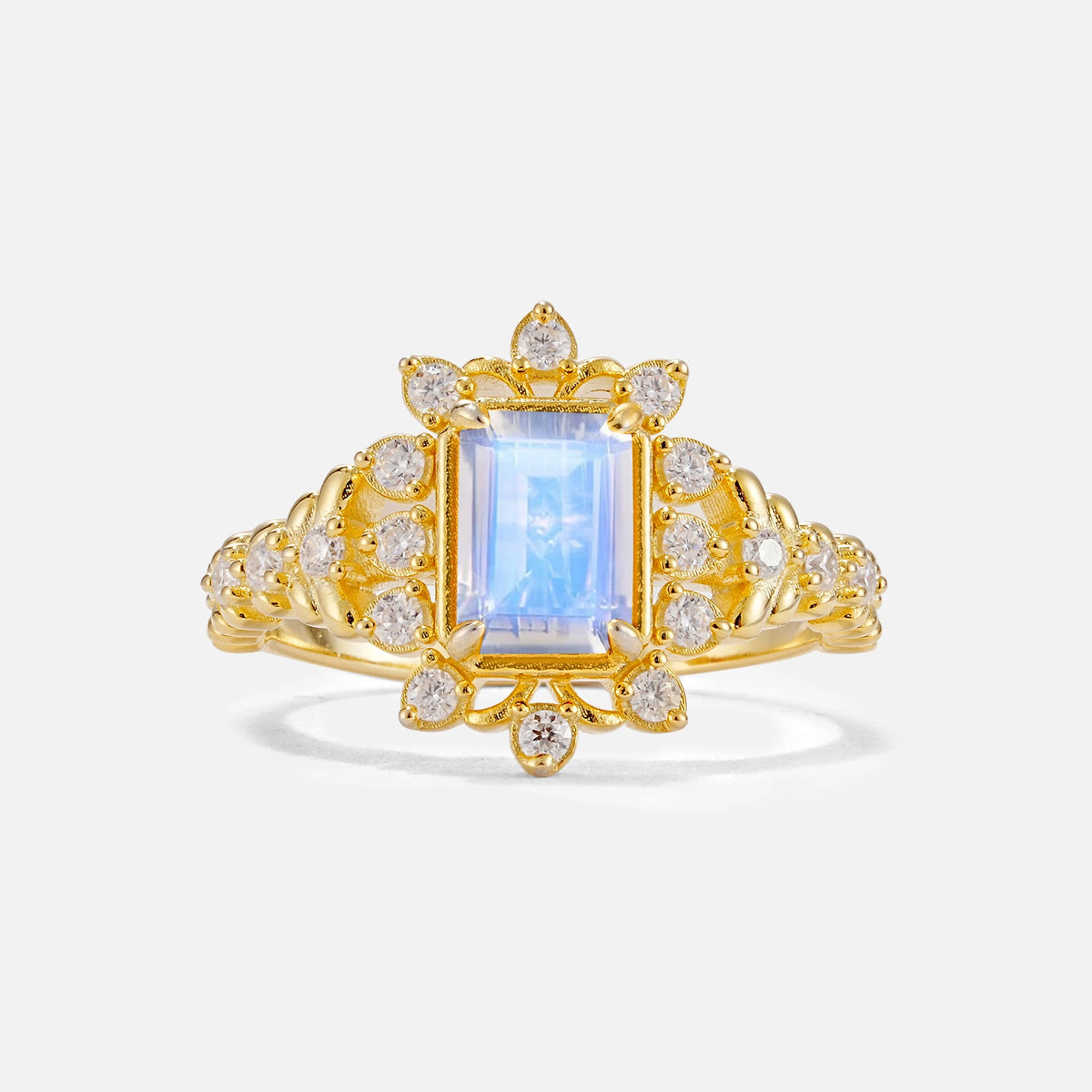 Emerald Cut Moonstone Floral Halo Leaf Vine Engagement Ring