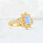 Emerald Cut Moonstone Floral Halo Leaf Vine Engagement Ring - Additional view