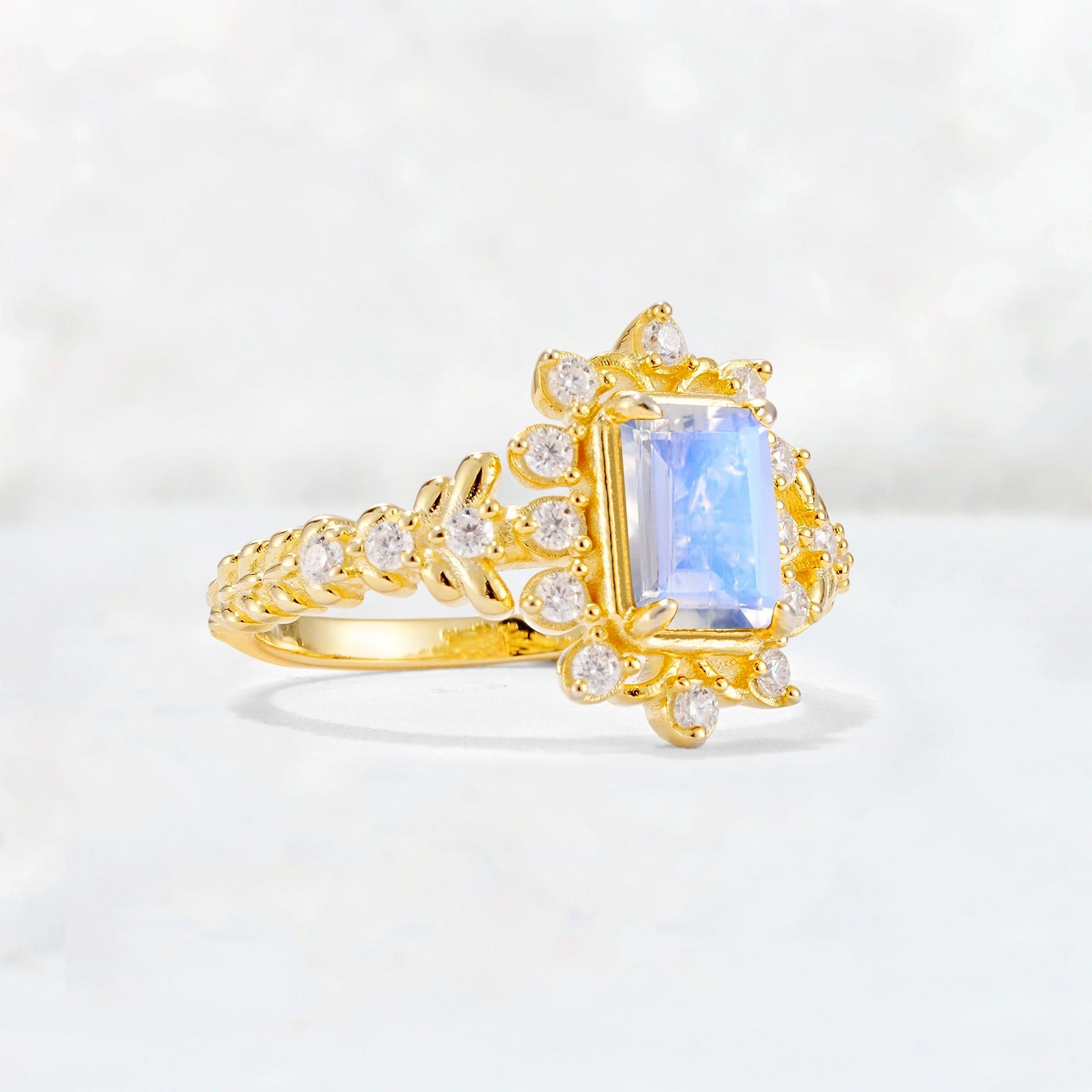 Emerald Cut Moonstone Floral Halo Leaf Vine Engagement Ring - Additional view