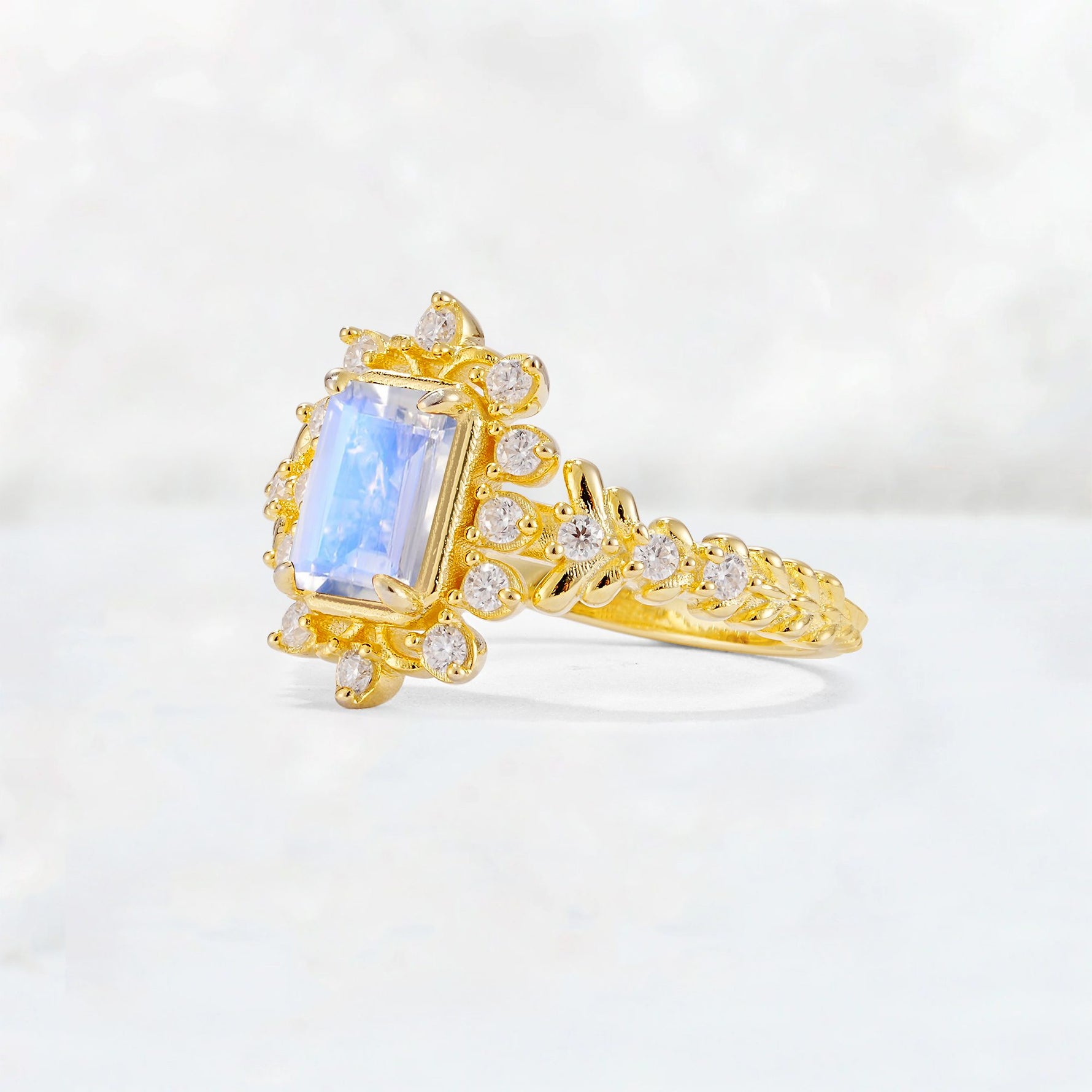 Emerald Cut Moonstone Floral Halo Leaf Vine Engagement Ring - Additional view