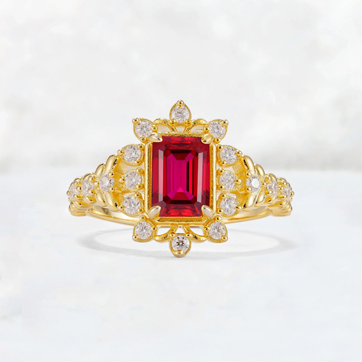 Emerald Cut Ruby Floral Halo Leaf Vine Engagement Ring - Additional view