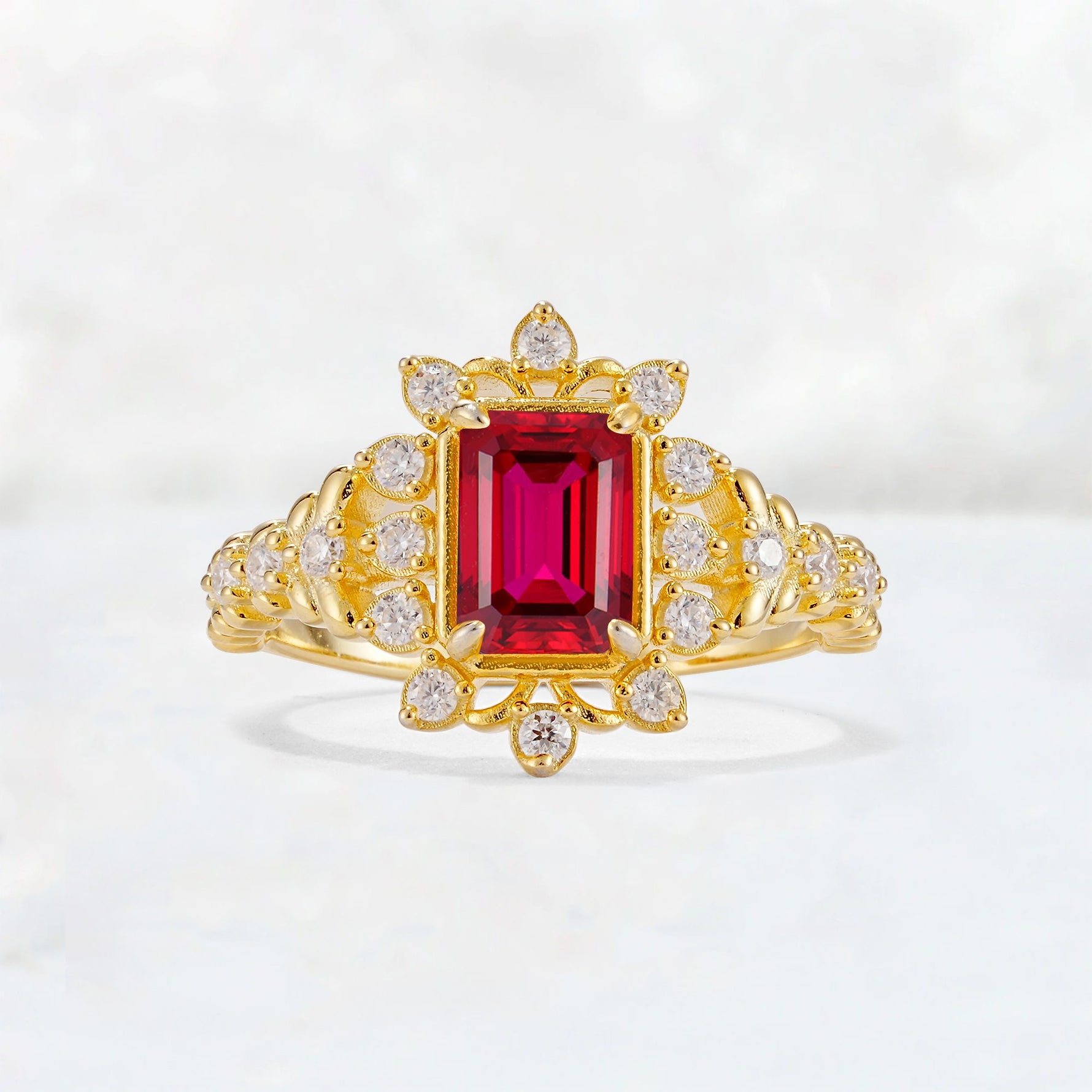 Emerald Cut Ruby Floral Halo Leaf Vine Engagement Ring - Additional view