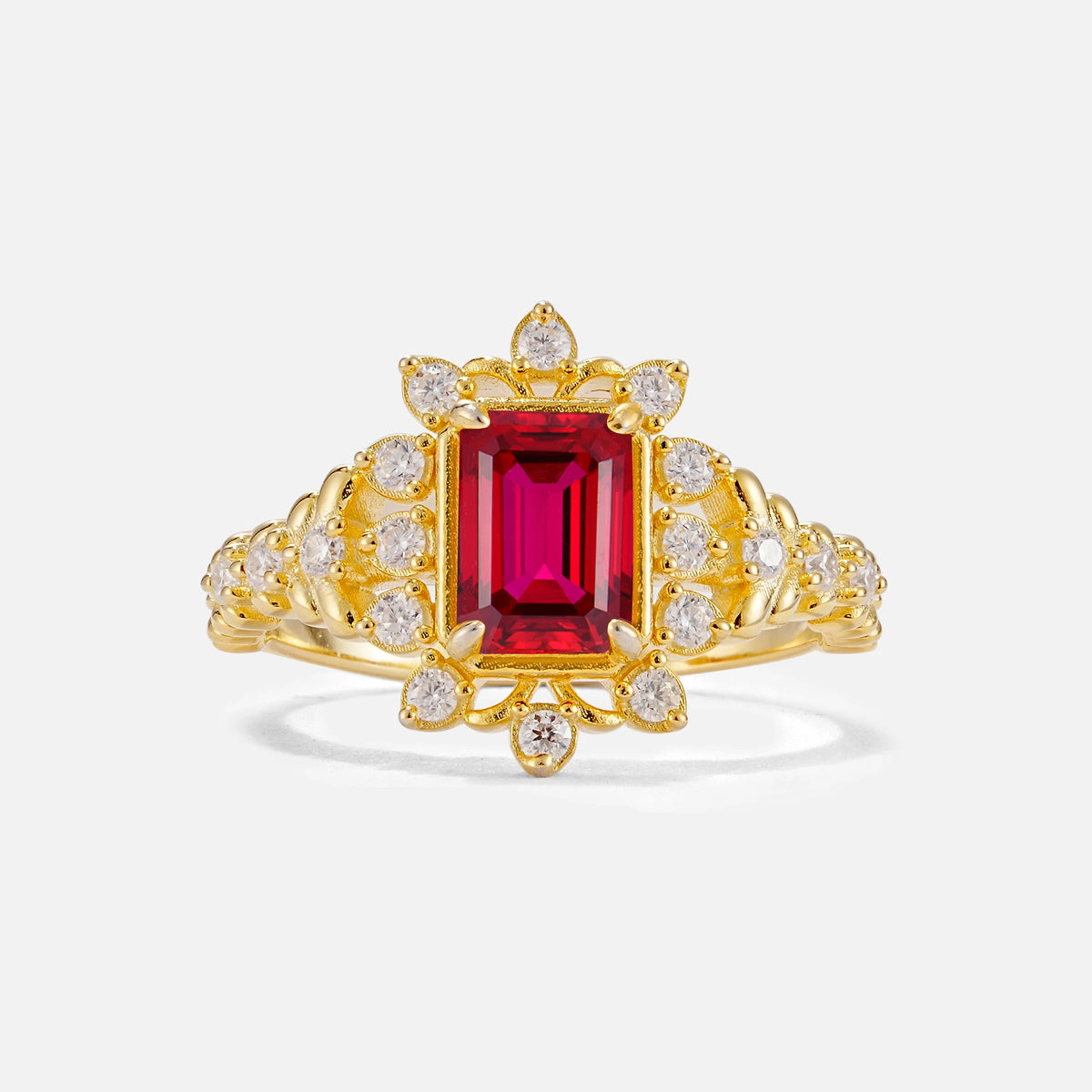 Emerald Cut Ruby Floral Halo Leaf Vine Engagement Ring