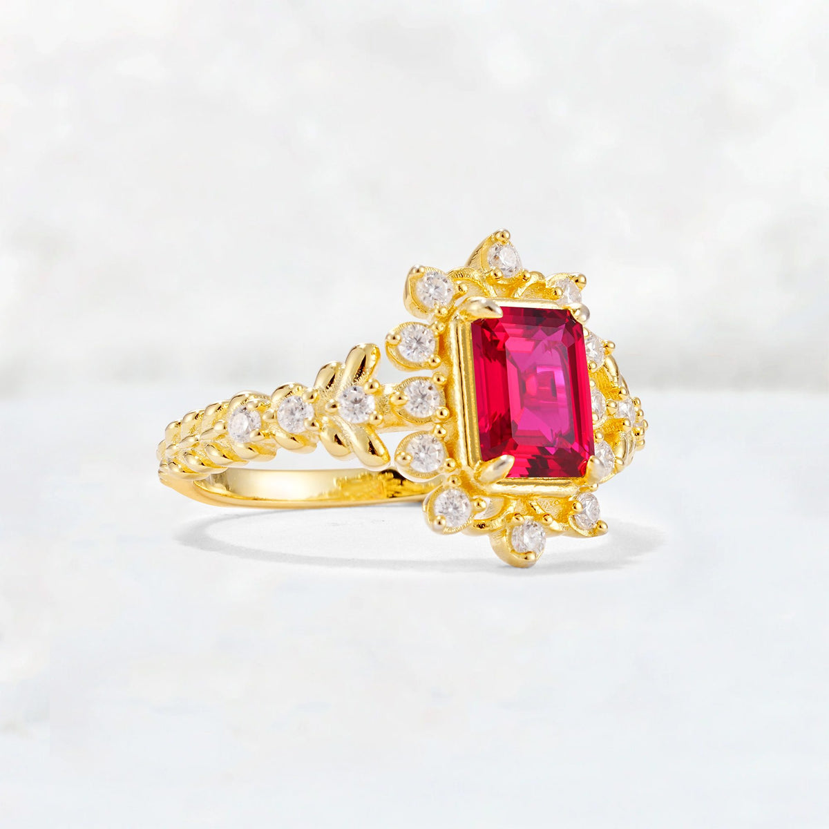 Emerald Cut Ruby Floral Halo Leaf Vine Engagement Ring - Additional view