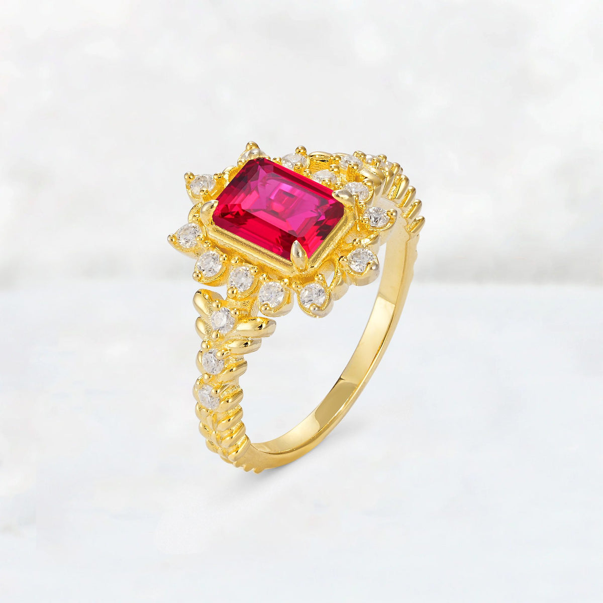Emerald Cut Ruby Floral Halo Leaf Vine Engagement Ring - Additional view