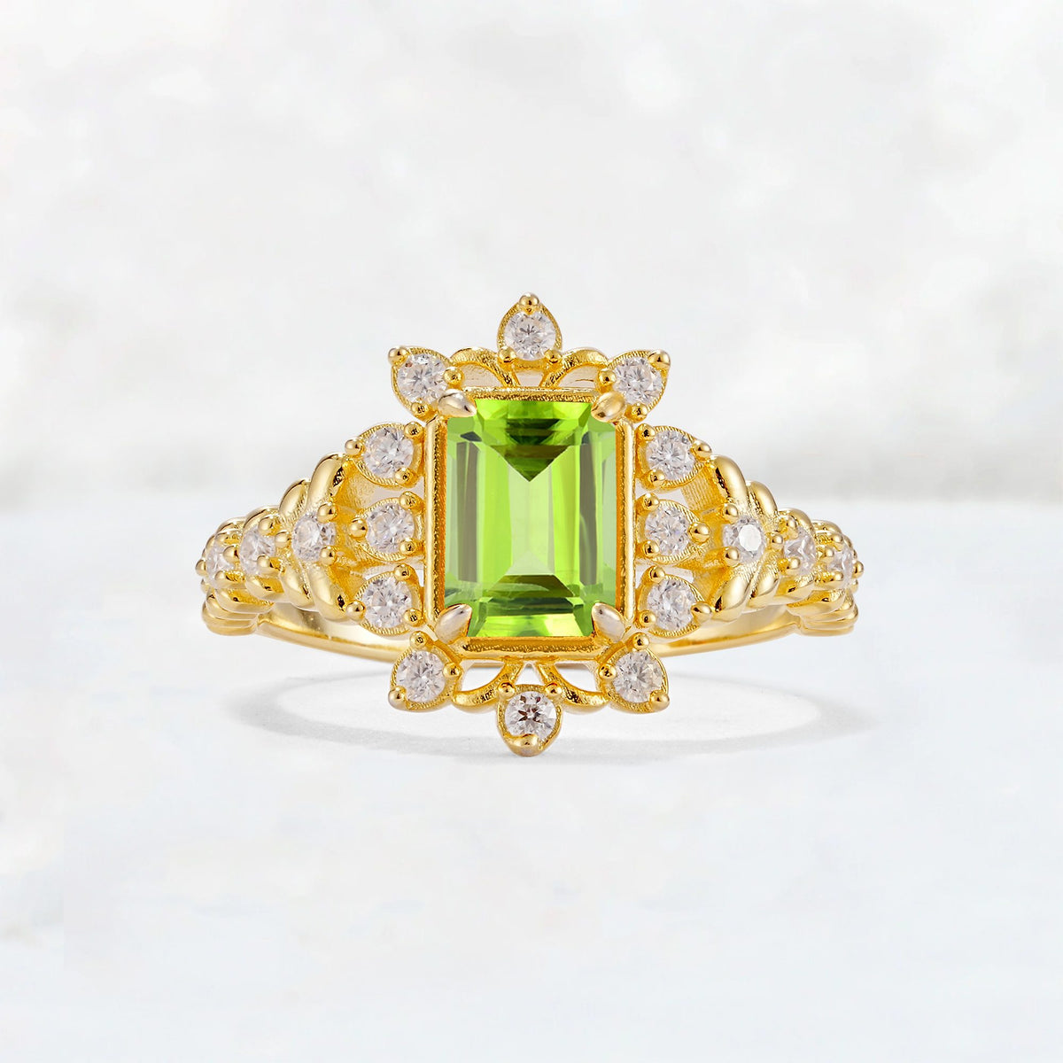 Emerald Cut Peridot Floral Halo Leaf Vine Engagement Ring - Additional view