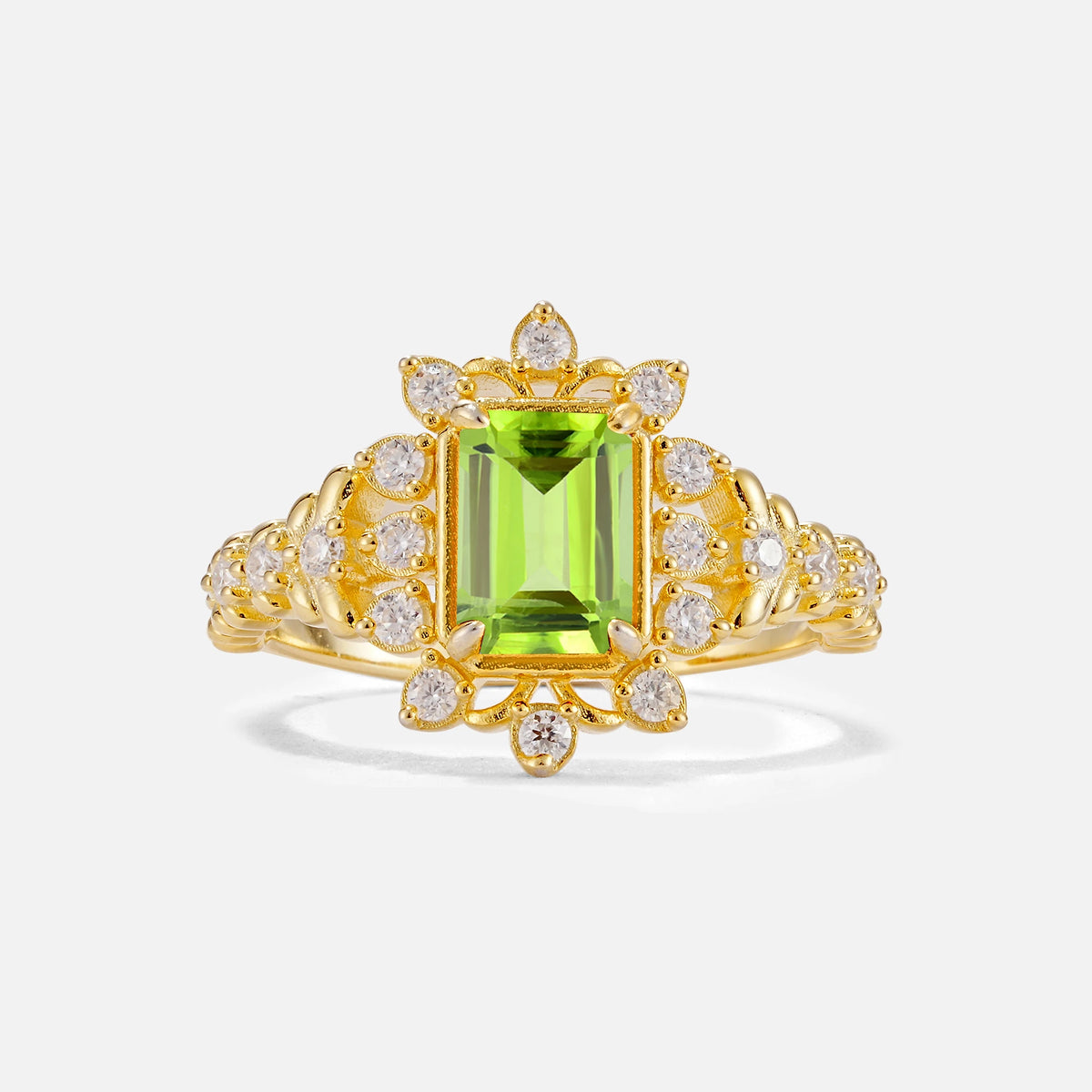 Emerald Cut Peridot Floral Halo Leaf Vine Engagement Ring