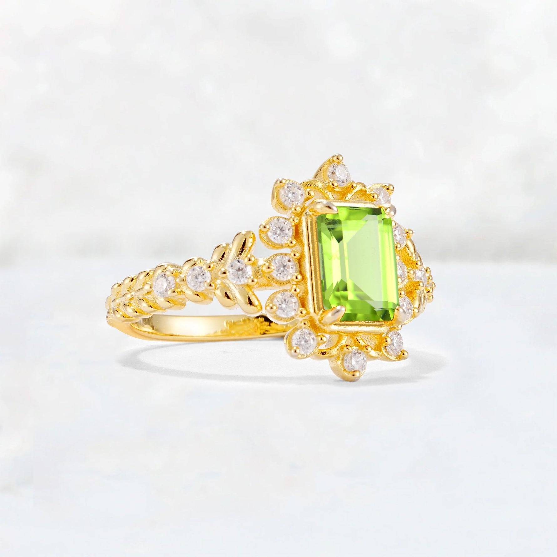 Emerald Cut Peridot Floral Halo Leaf Vine Engagement Ring - Additional view