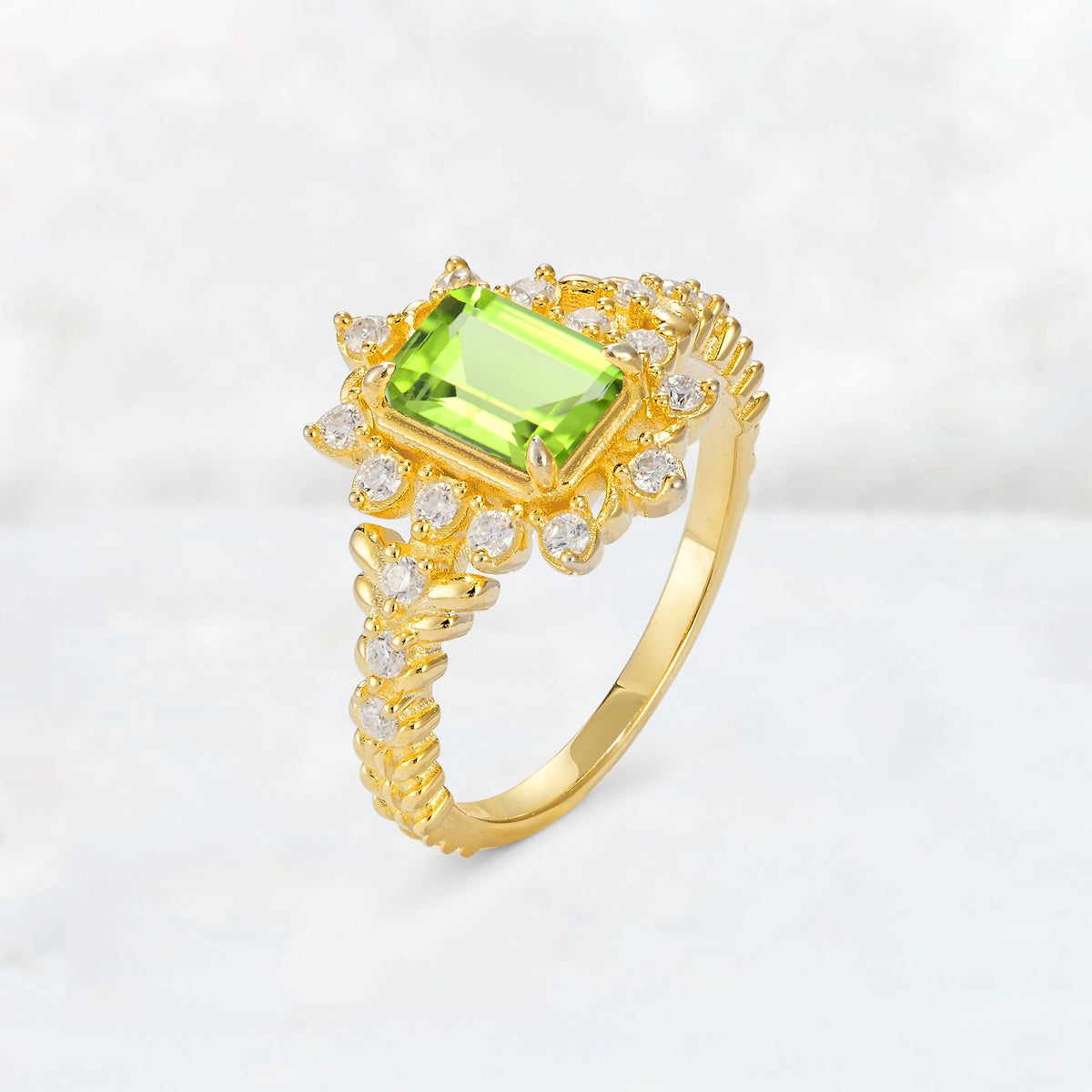 Emerald Cut Peridot Floral Halo Leaf Vine Engagement Ring - Additional view