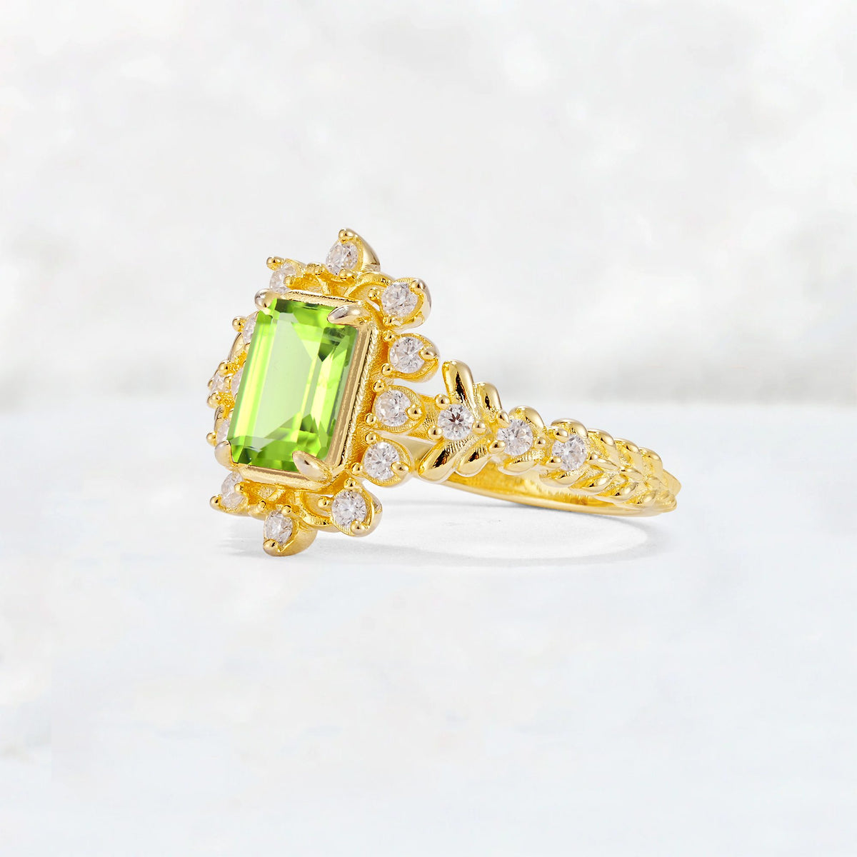 Emerald Cut Peridot Floral Halo Leaf Vine Engagement Ring - Additional view