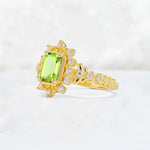Emerald Cut Peridot Floral Halo Leaf Vine Engagement Ring - Additional view