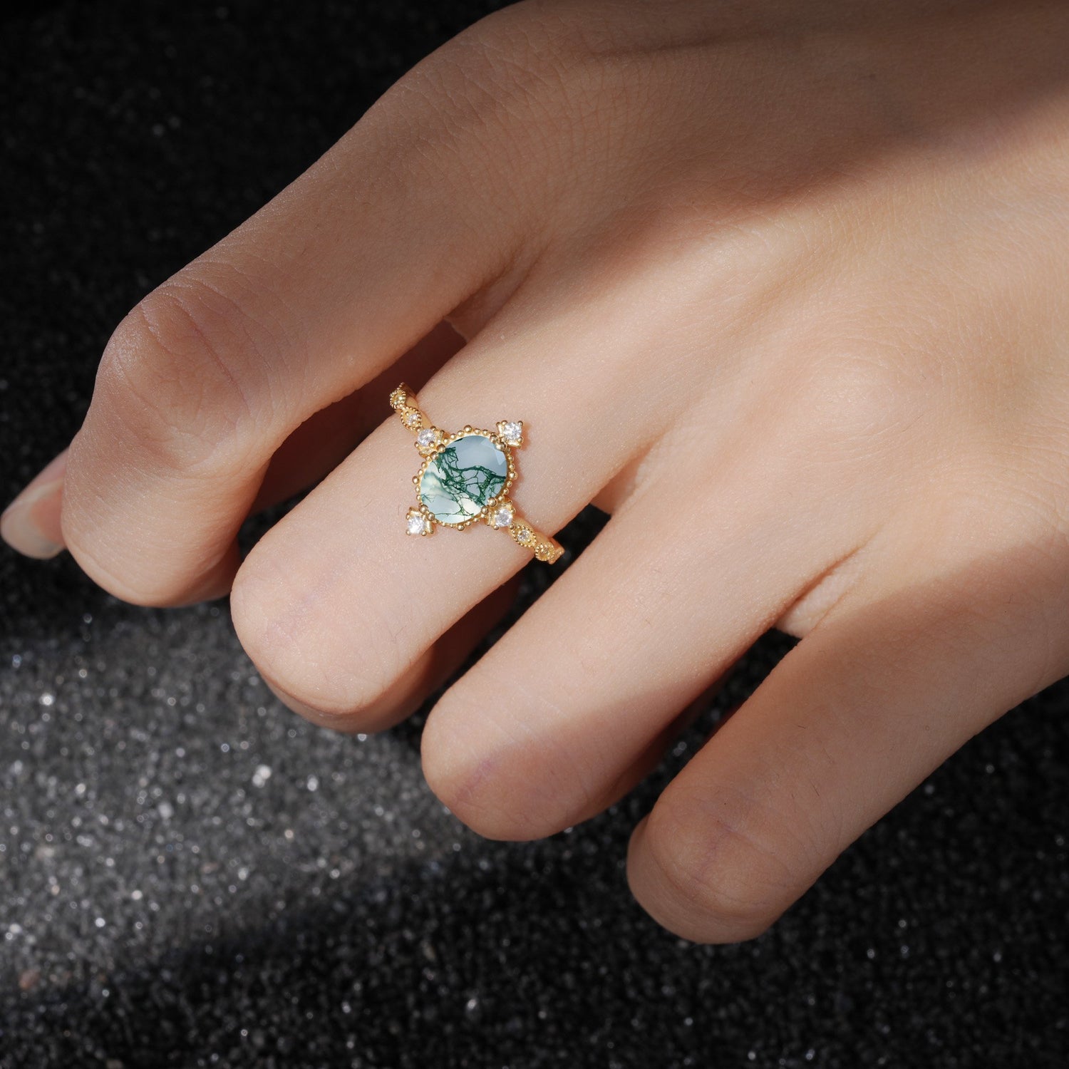 Luxurious, Sparkling Oval-Cut Moss Agate Engagement Rings
