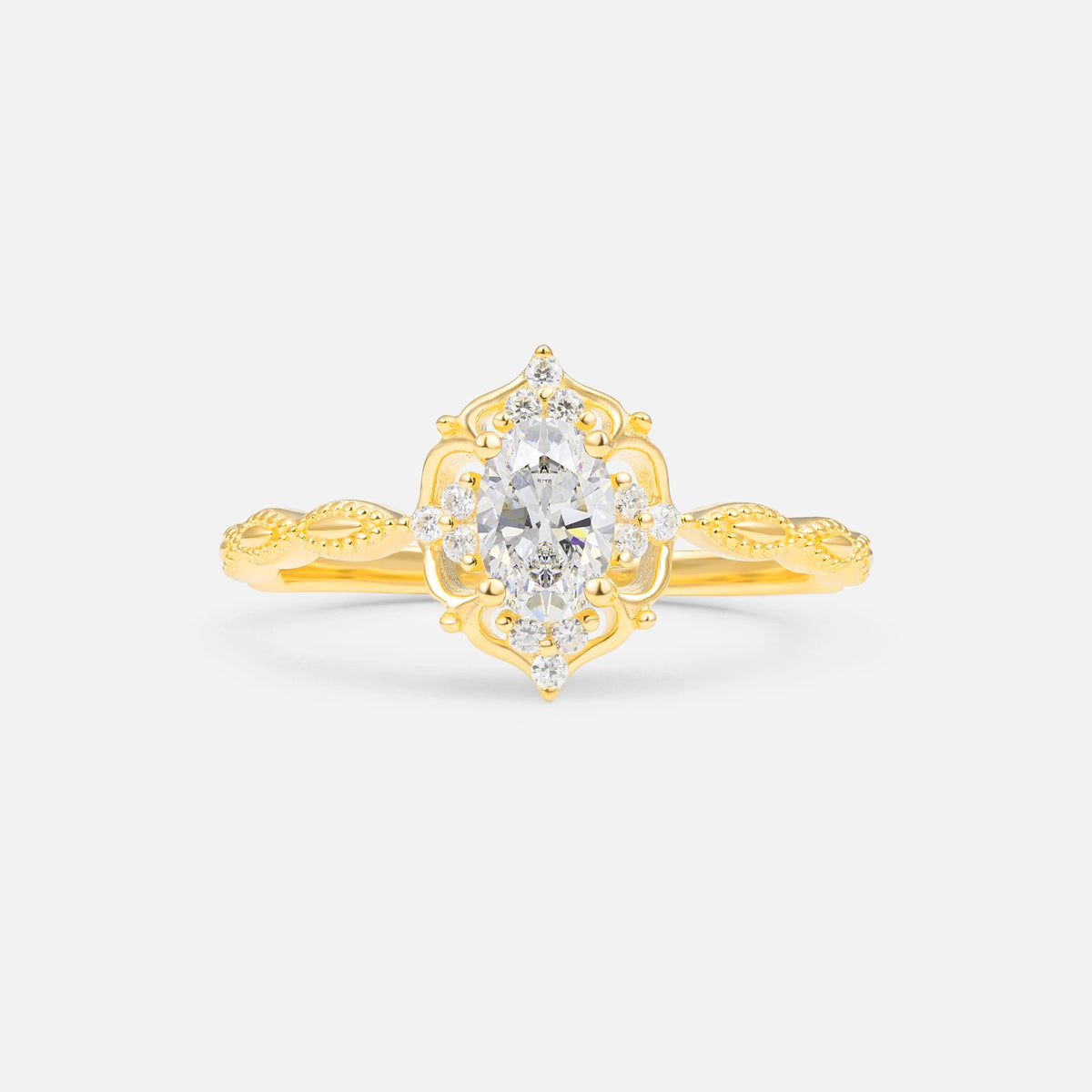 Milgrain Oval Moissanite Side Stone Engagement Ring