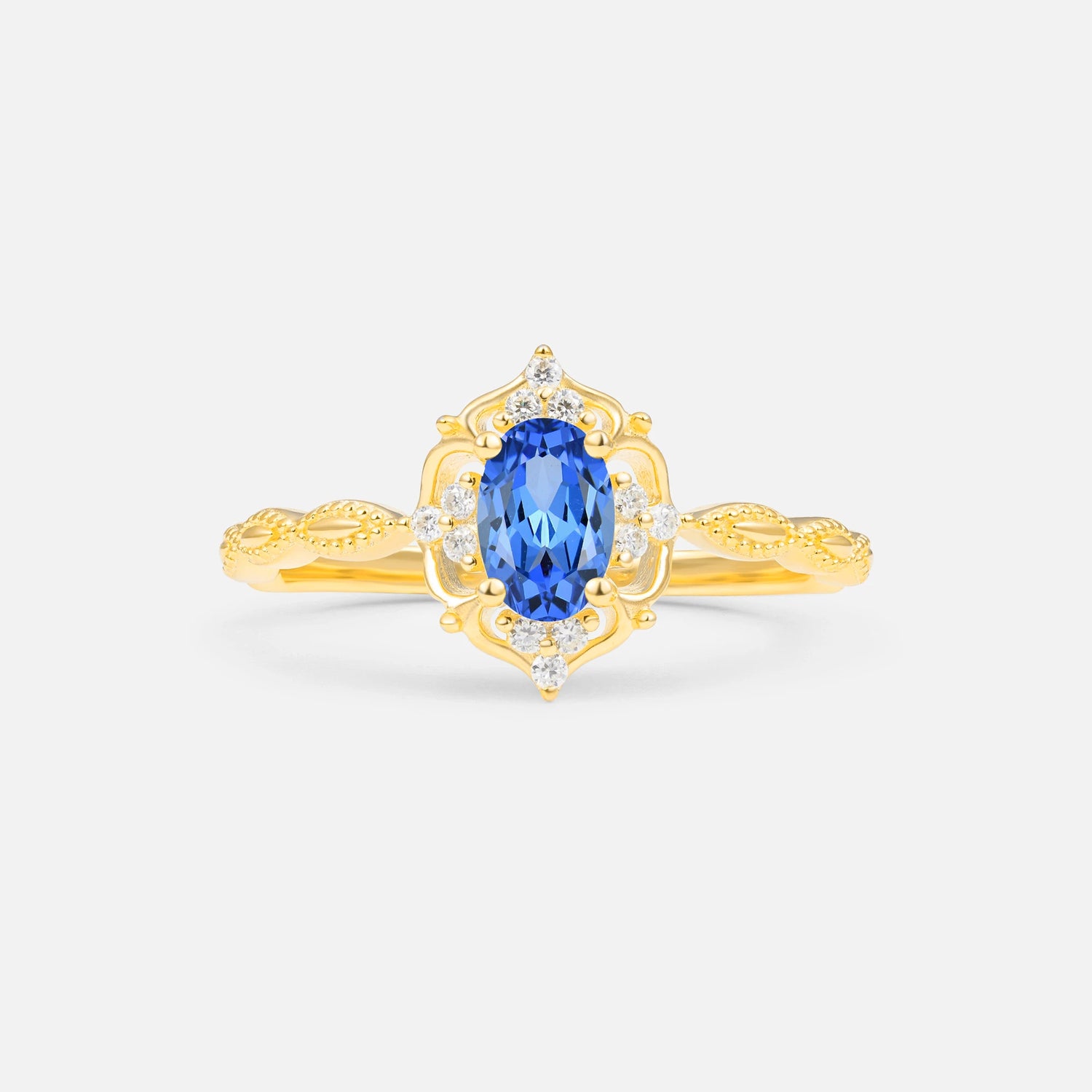 Milgrain Oval Sapphire Side Stone Engagement Ring