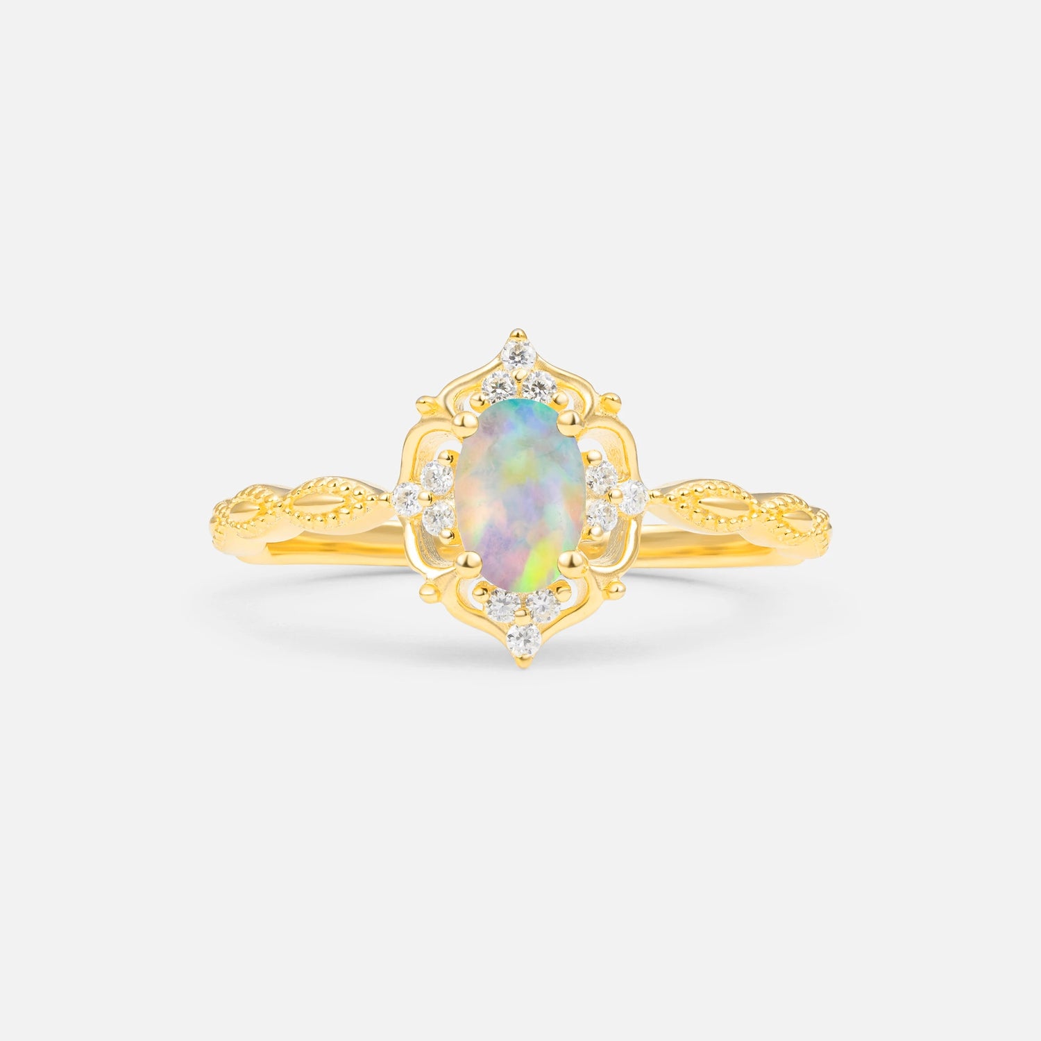 Milgrain Oval Fire Opal Side Stone Engagement Ring