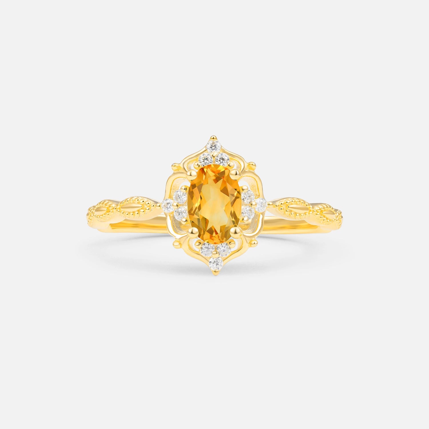 Milgrain Oval Citrine Side Stone Engagement Ring