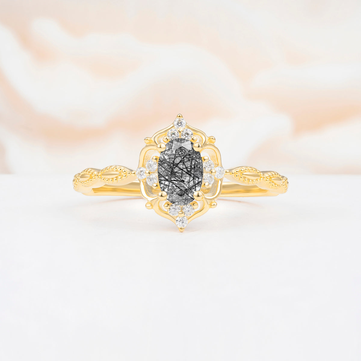 ML07068 Black Rutilated Quartz Ring - Yellow-Gold