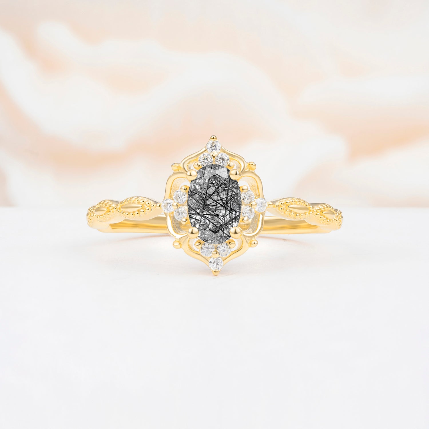 ML07068 Black Rutilated Quartz Ring - Yellow-Gold