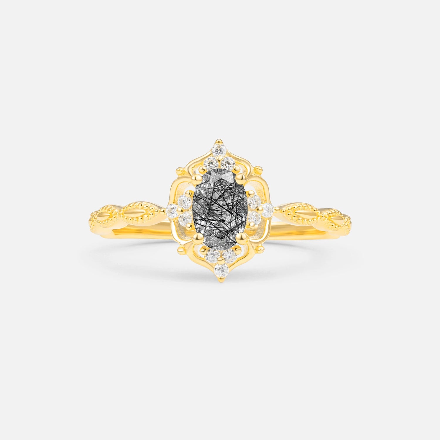 Milgrain Oval Black Rutilated Quartz Side Stone Engagement Ring