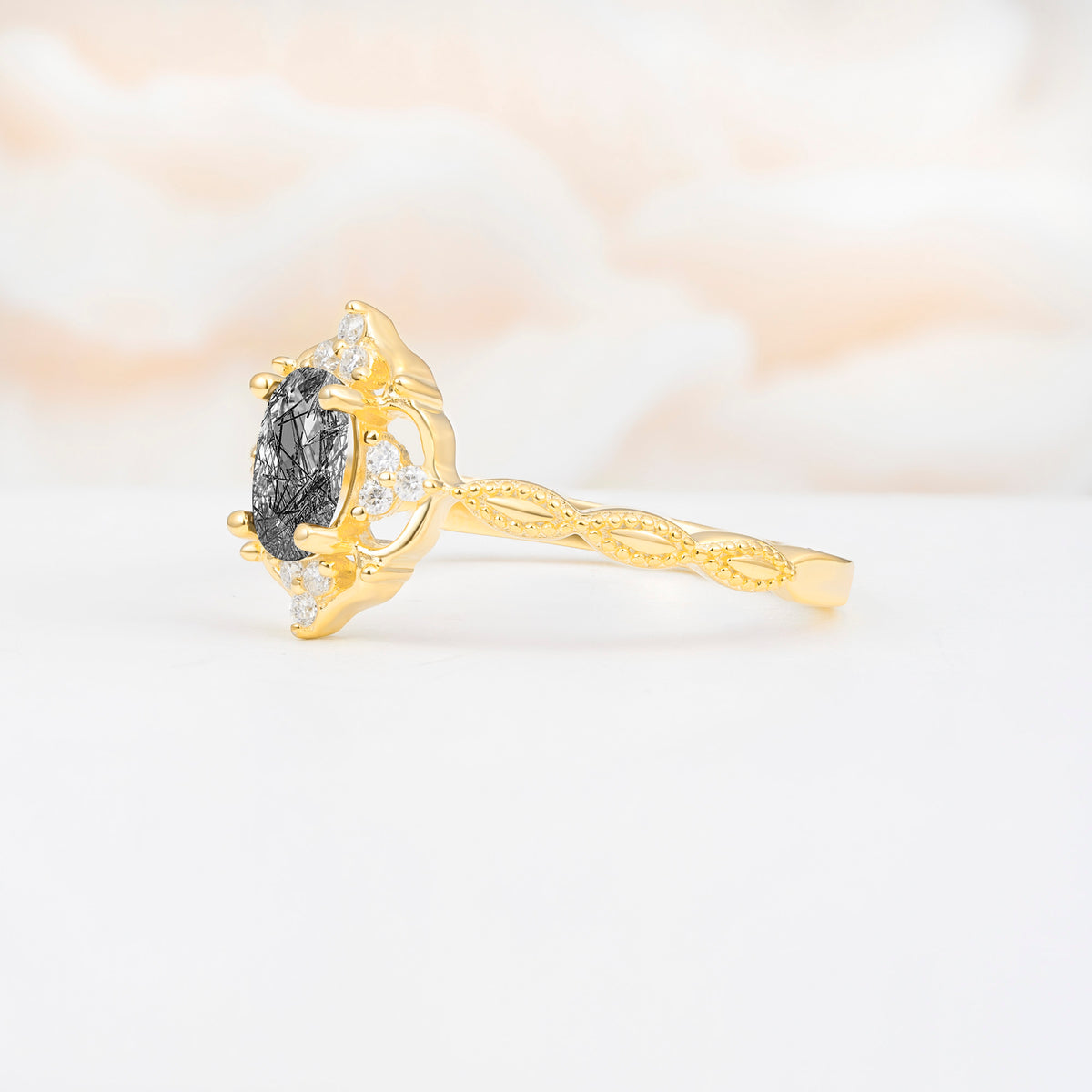 ML07068 Black Rutilated Quartz Ring - White-Gold