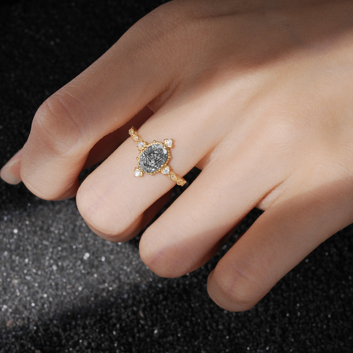 ML07068 Black Rutilated Quartz Ring - Rose-Gold