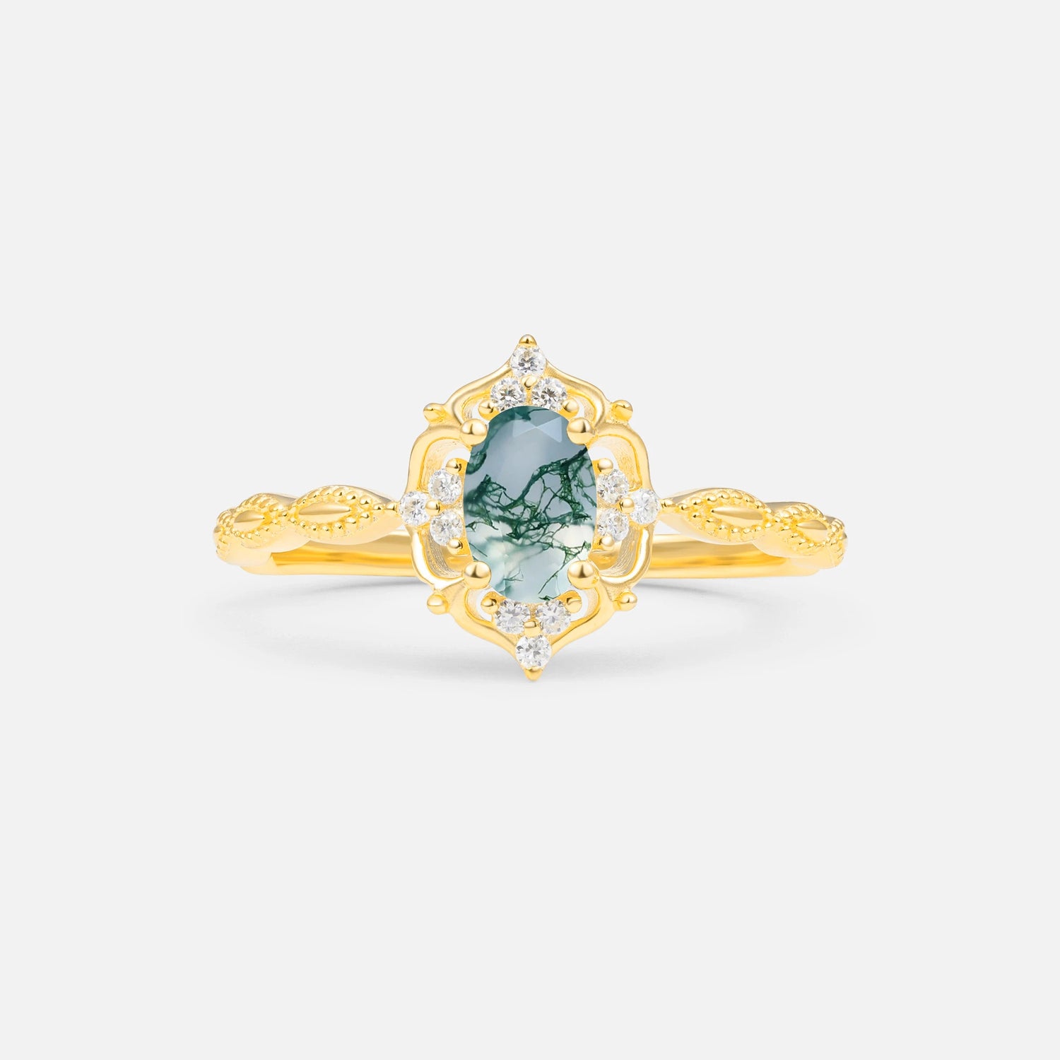 Milgrain Oval Moss Agate Side Stone Engagement Ring