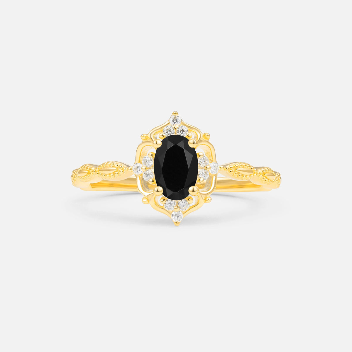 Milgrain Oval Black Onyx Side Stone Engagement Ring