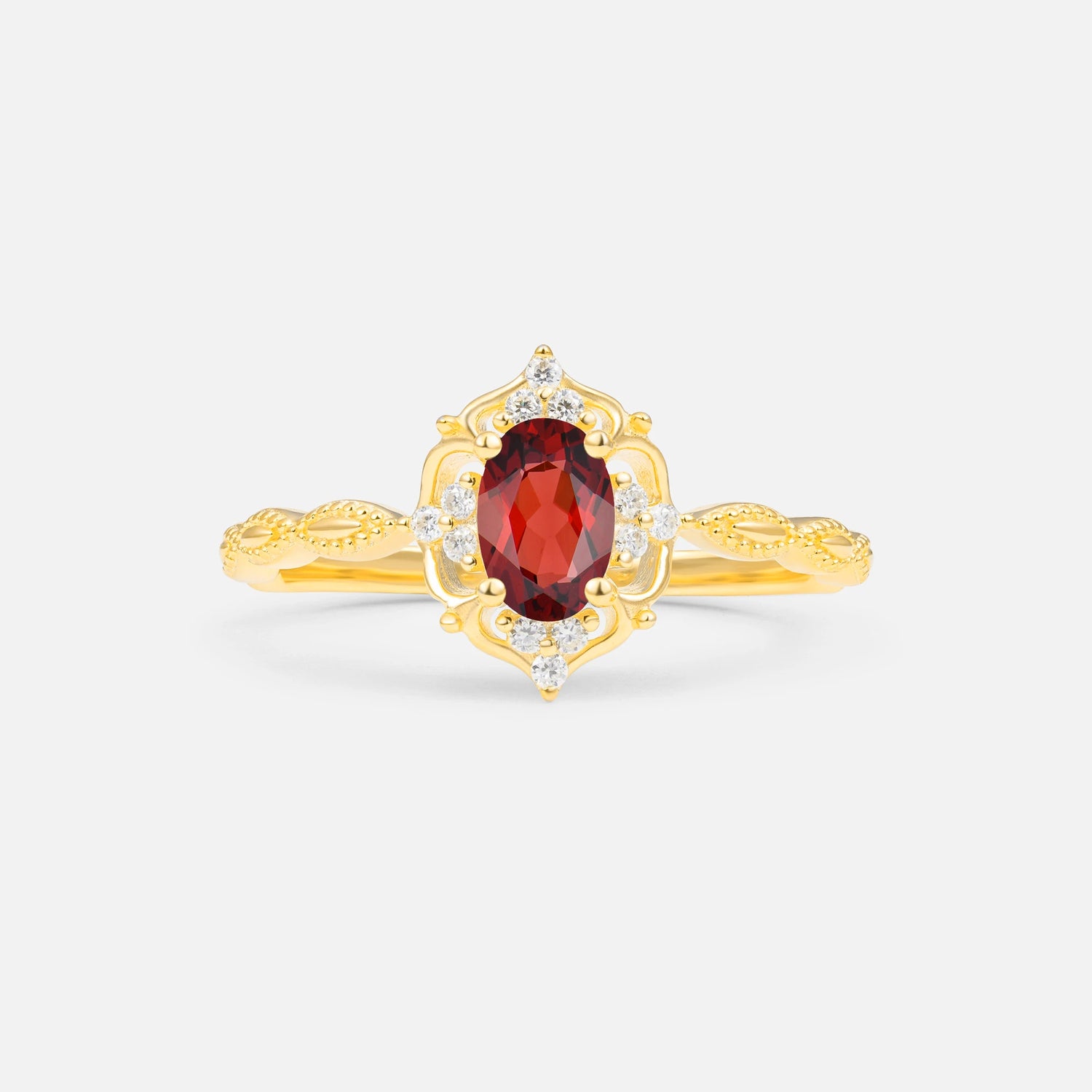 Milgrain Oval Garnet Side Stone Engagement Ring