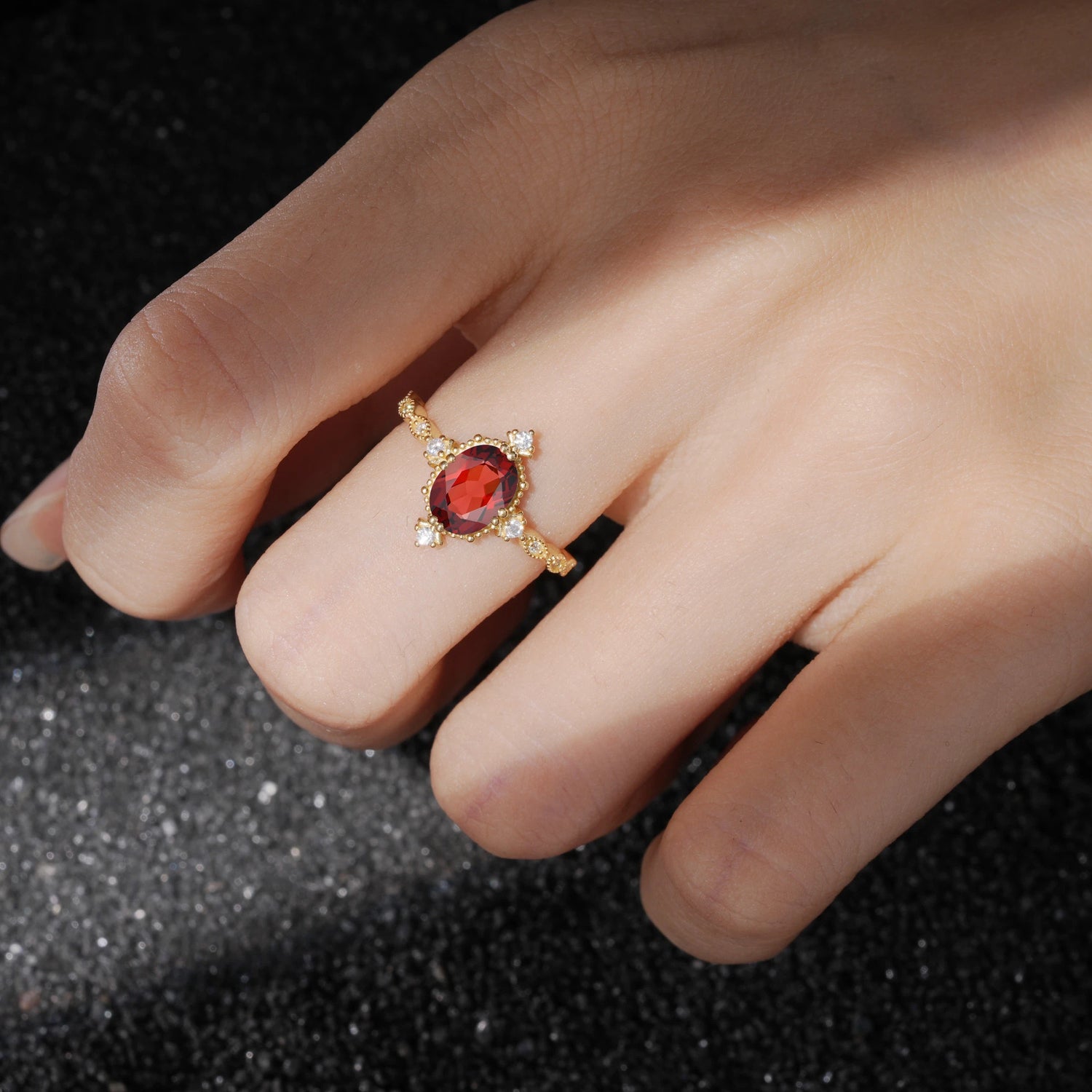 Milgrain Oval Garnet Side Stone Engagement Ring