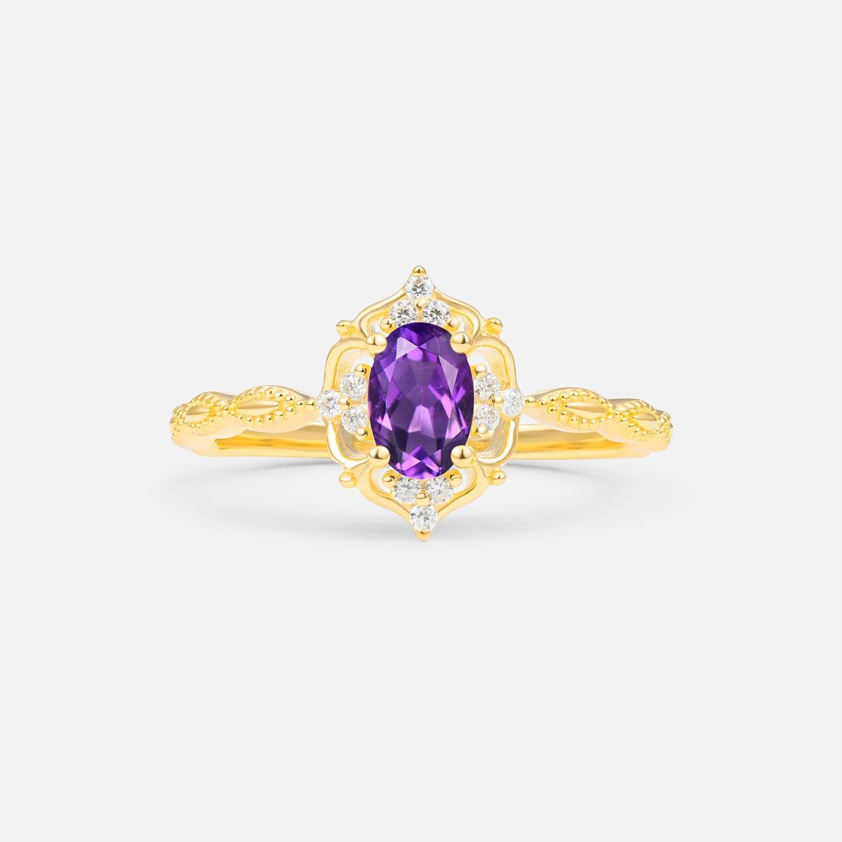 Milgrain Oval Amethyst Side Stone Engagement Ring