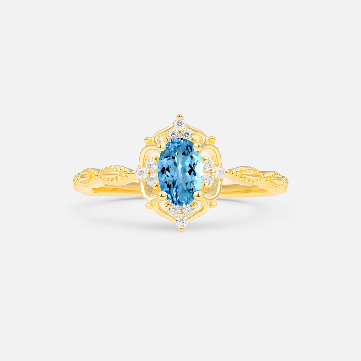 Milgrain Oval Aquamarine Side Stone Engagement Ring