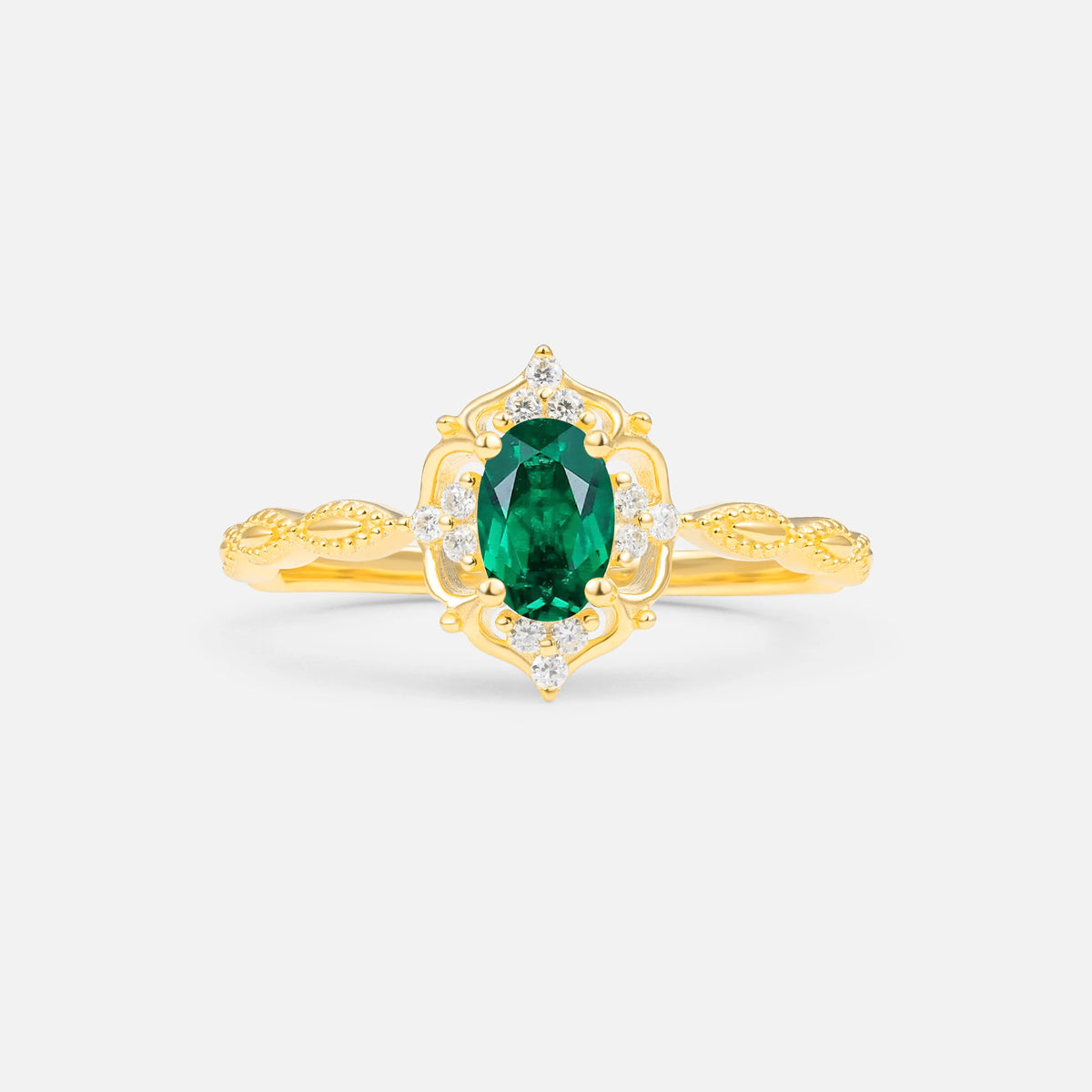 Milgrain Oval Emerald Side Stone Engagement Ring