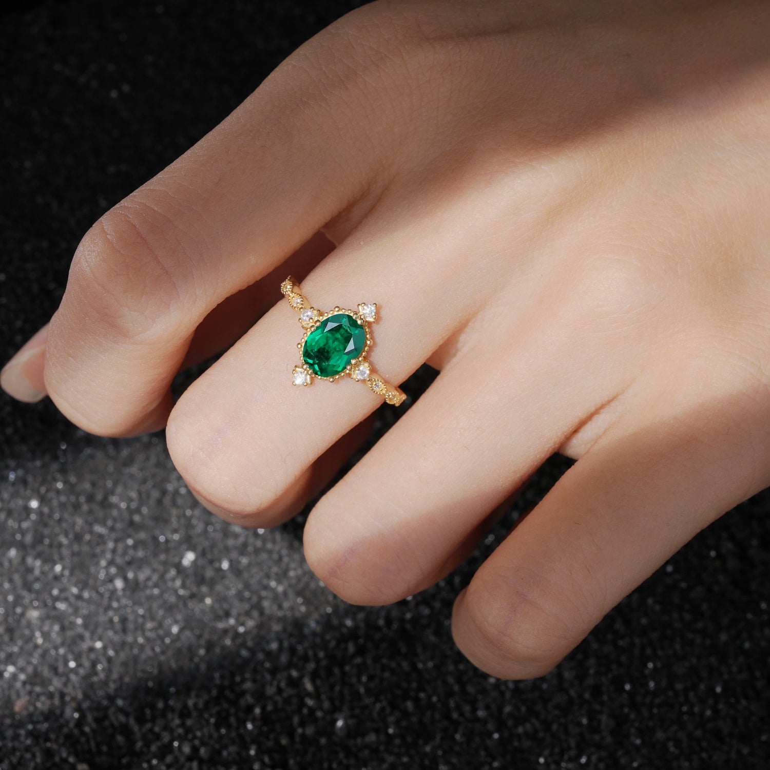 Milgrain Oval Emerald Side Stone Engagement Ring