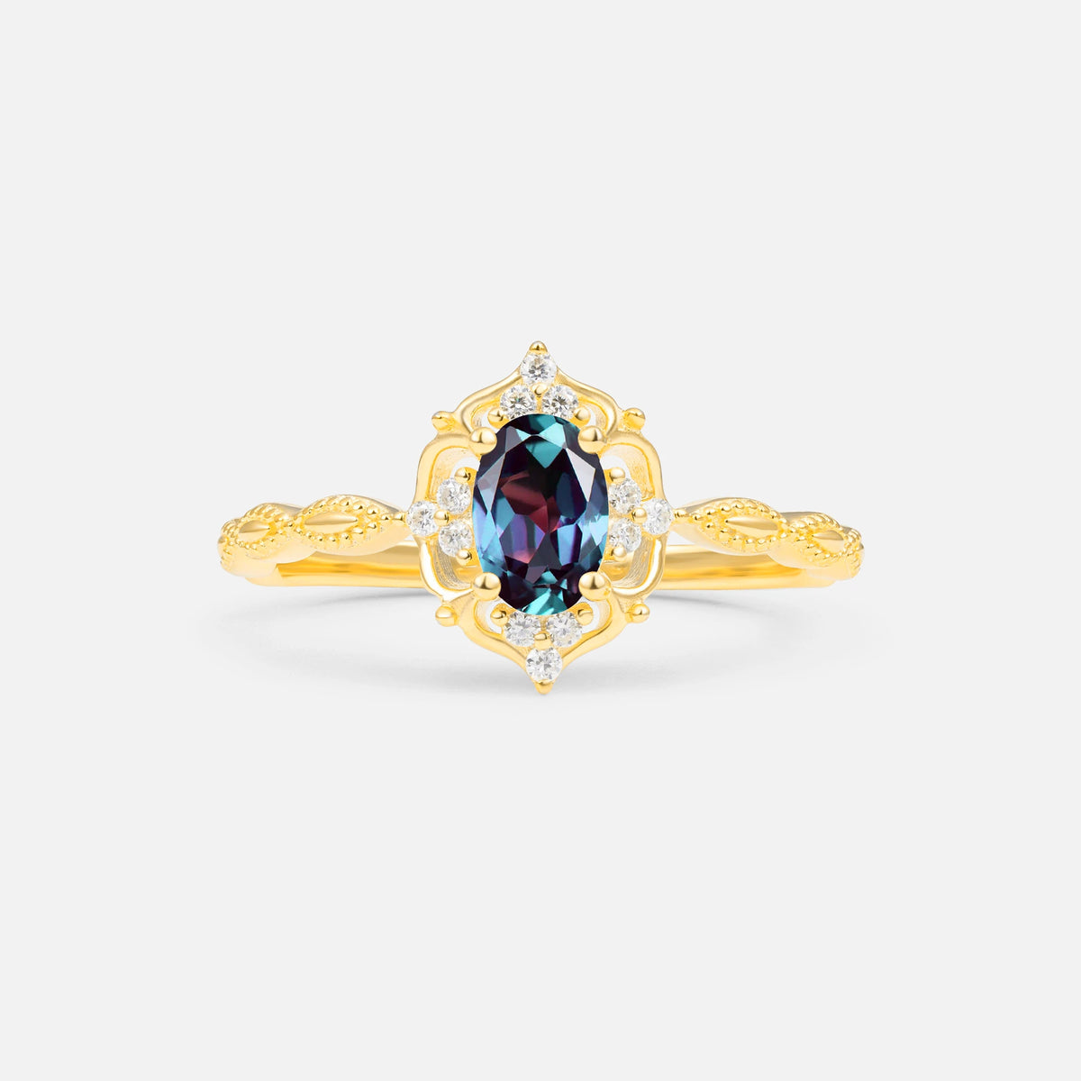 Milgrain Oval Alexandrite Side Stone Engagement Ring
