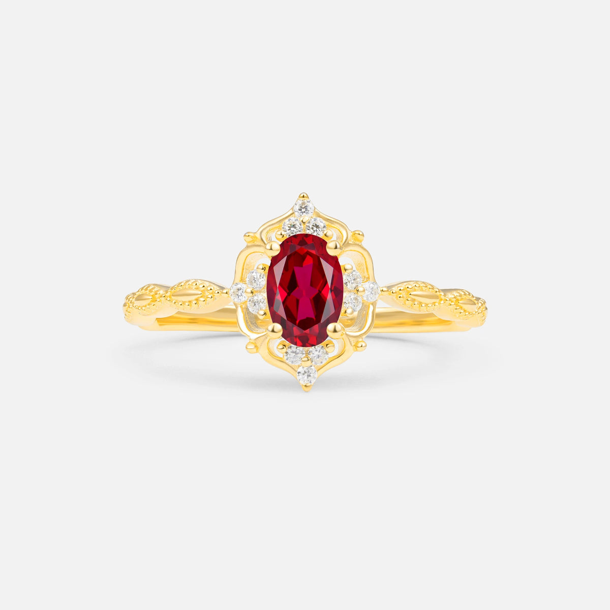 Milgrain Oval Ruby Side Stone Engagement Ring
