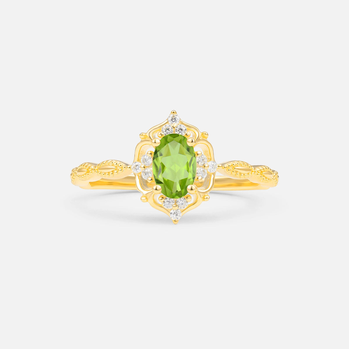 Milgrain Oval Peridot Side Stone Engagement Ring