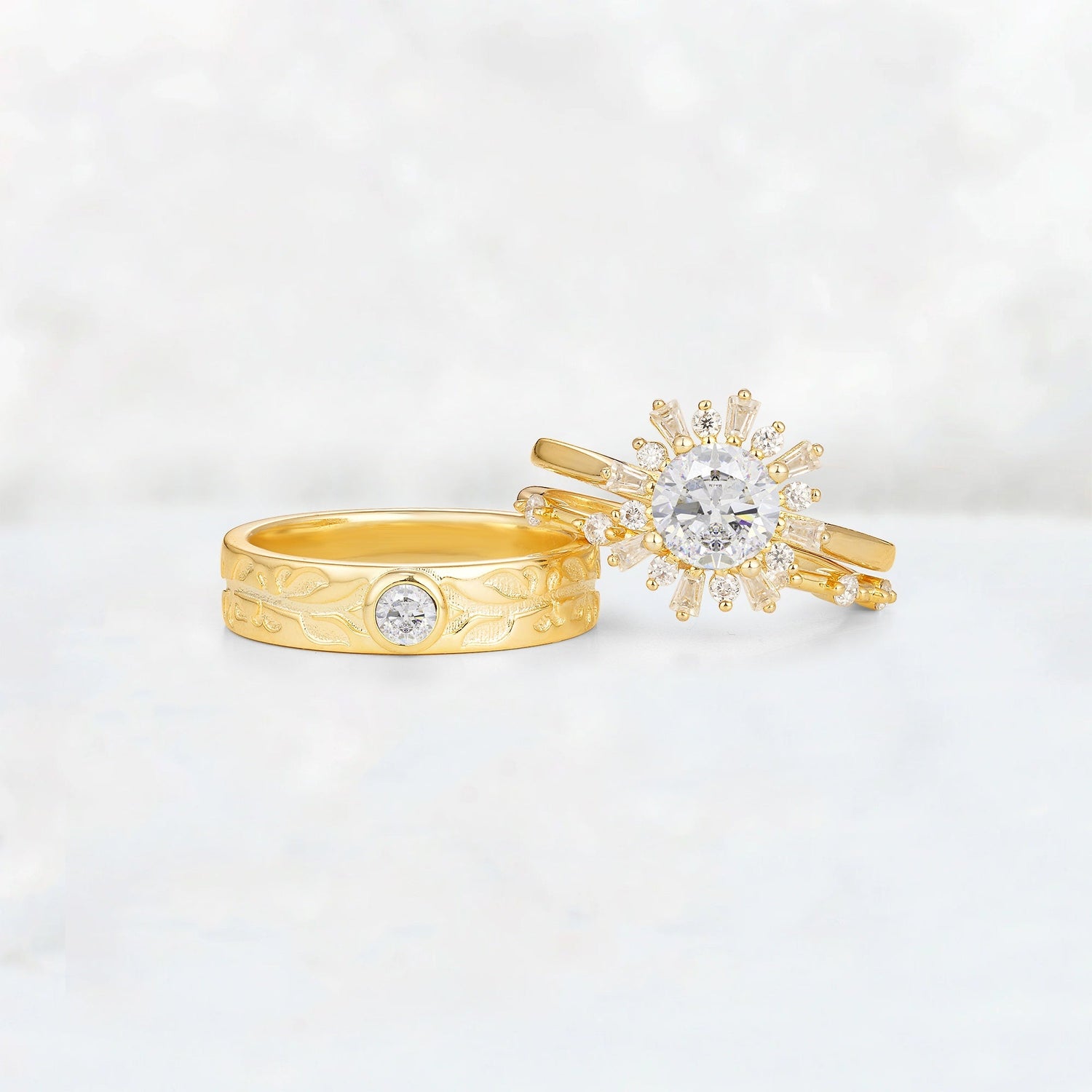 Round Cut Moissanite Sunburst Halo Leaf His and Hers Wedding Ring Set