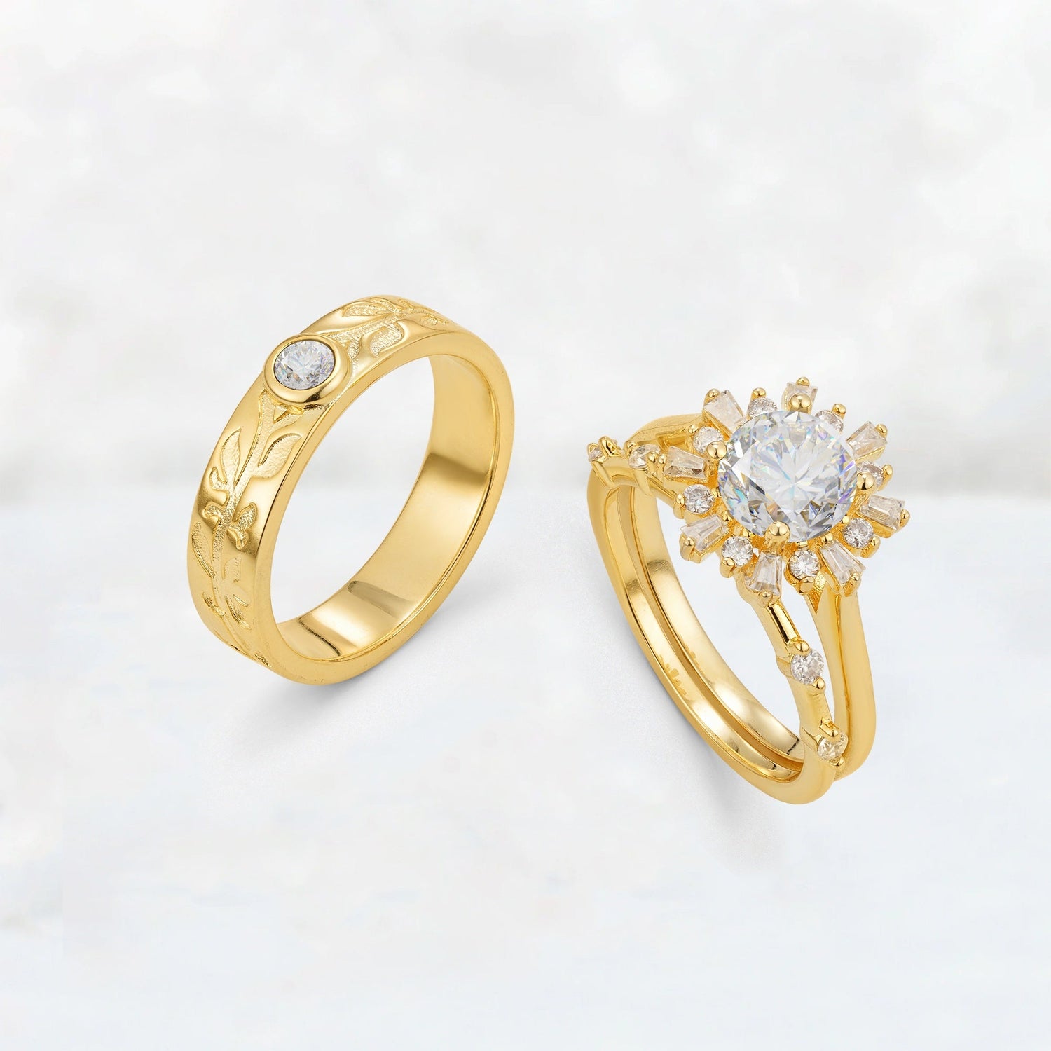Round Cut Moissanite Sunburst Halo Leaf His and Hers Wedding Ring Set