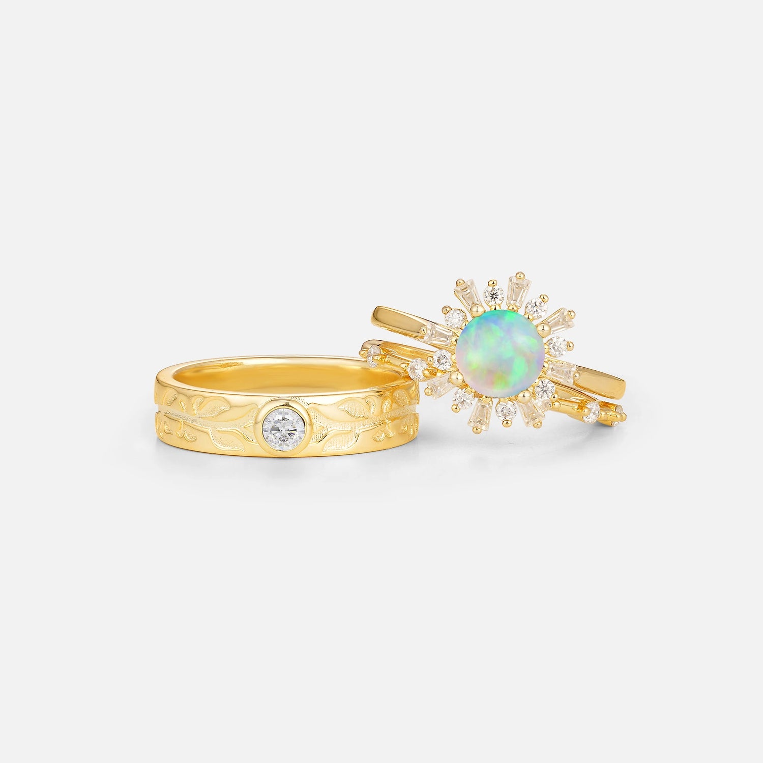 Round Cut Opal Sunburst Halo Leaf His and Hers Couple Ring