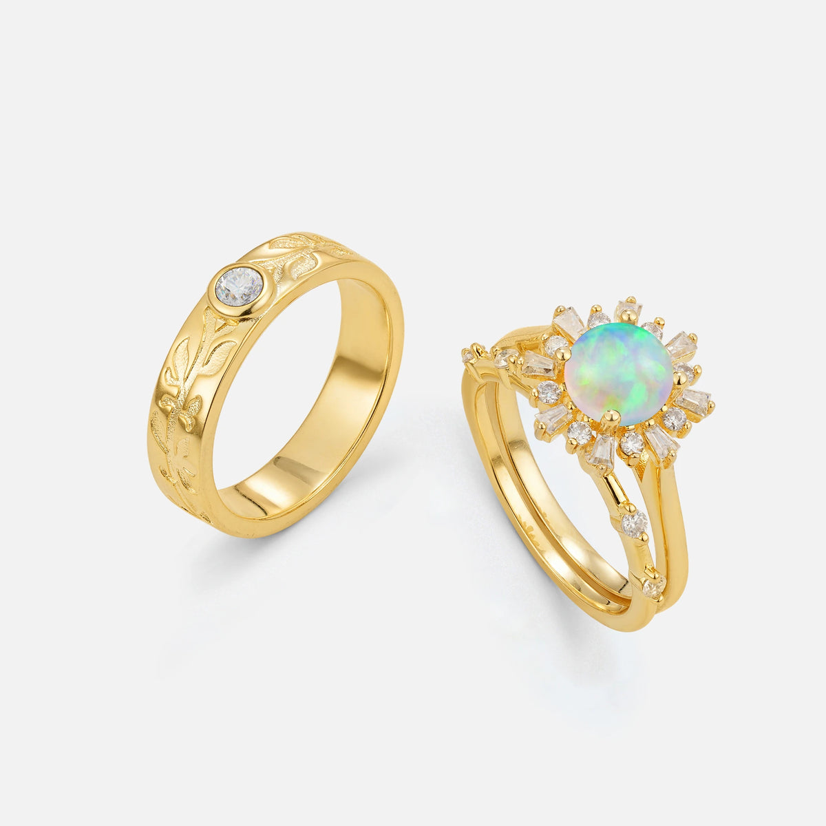 Round Cut Opal Sunburst Halo Leaf His and Hers Couple Ring