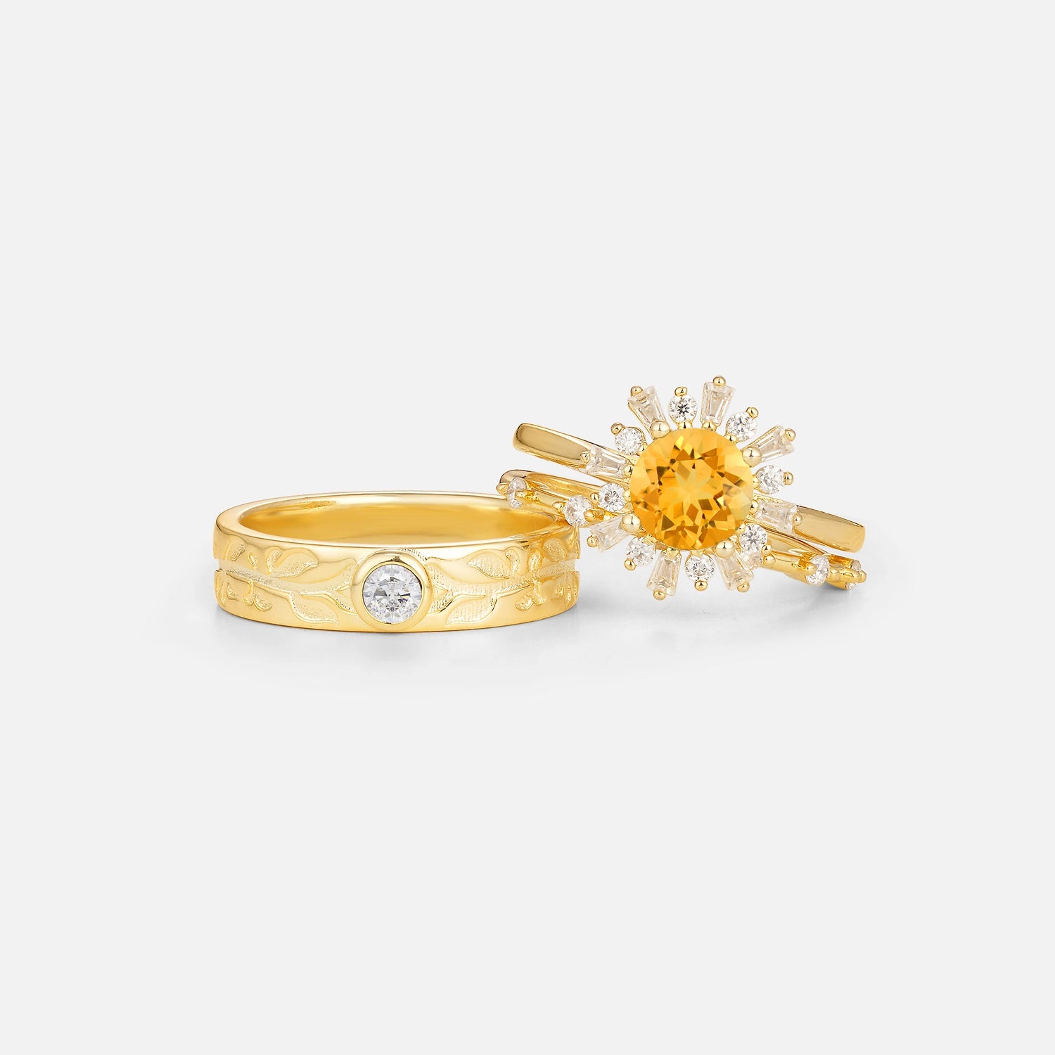 Round Cut Citrine Sunburst Halo Leaf His and Hers Couple Ring