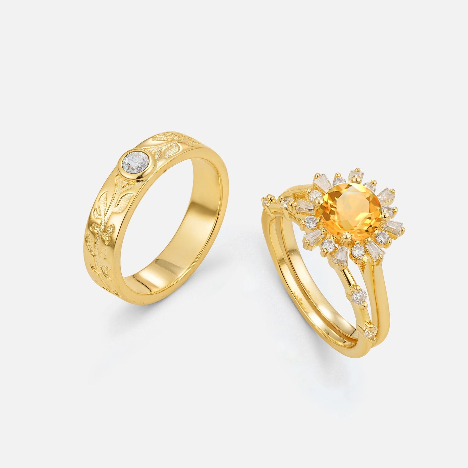 Round Cut Citrine Sunburst Halo Leaf His and Hers Couple Ring