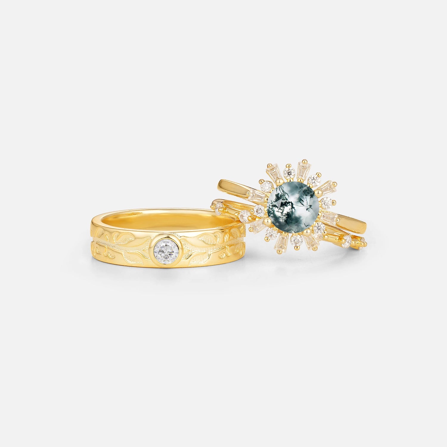 Round Cut Moss Agate Sunburst Halo Leaf His and Hers Couple Ring